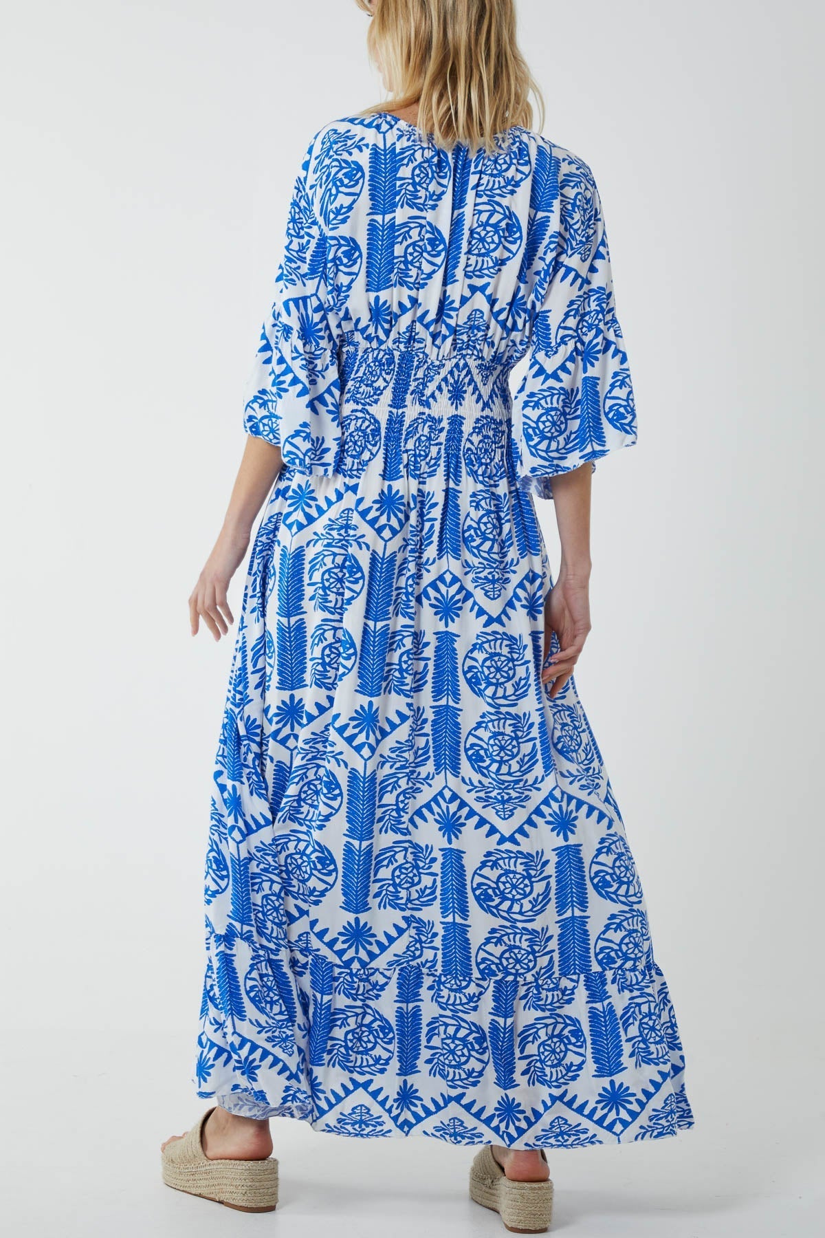 Baroque Shirred Bodice Maxi Dress For Women  - Dropwear