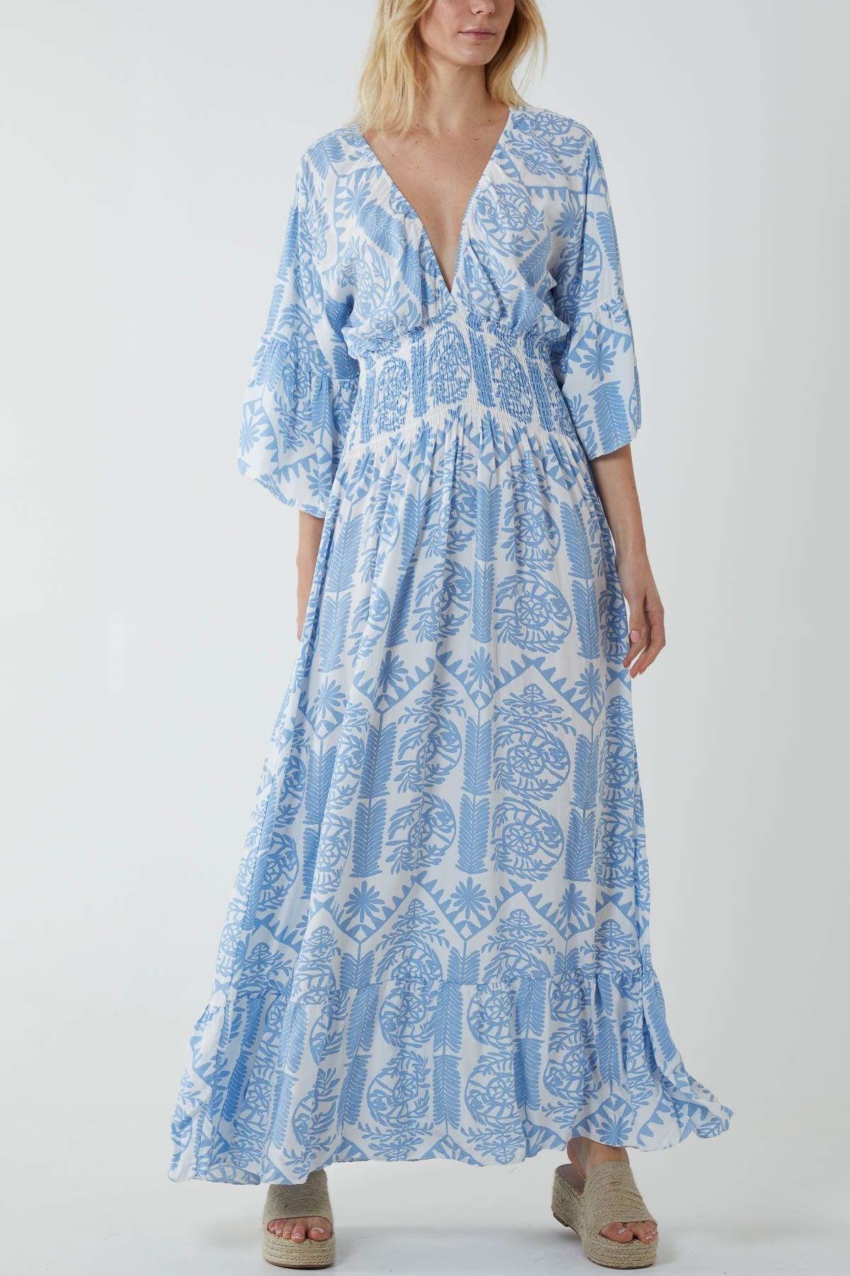 Baroque Shirred Bodice Maxi Dress For Women  - Dropwear