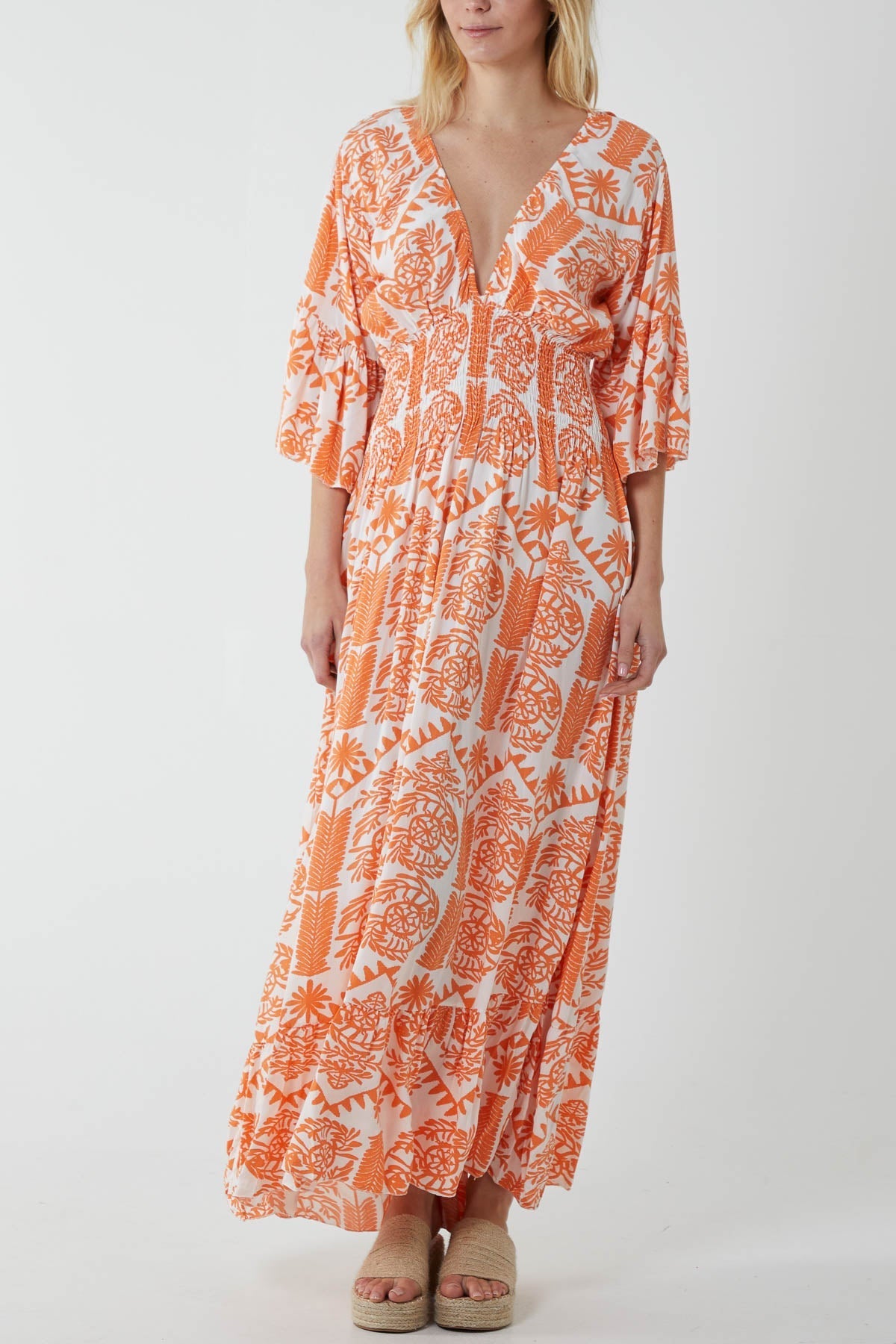Baroque Shirred Bodice Maxi Dress For Women  - Dropwear