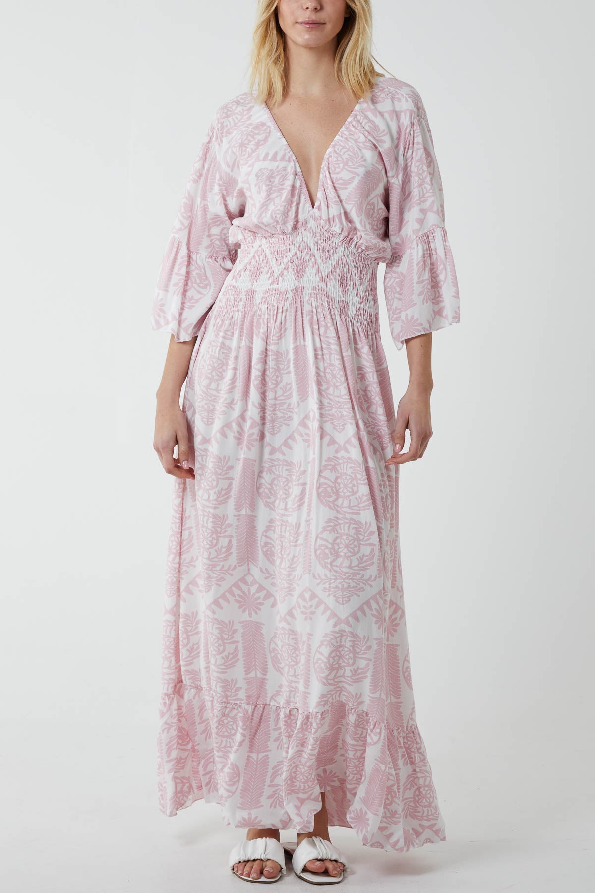 Baroque Shirred Bodice Maxi Dress For Women  - Dropwear