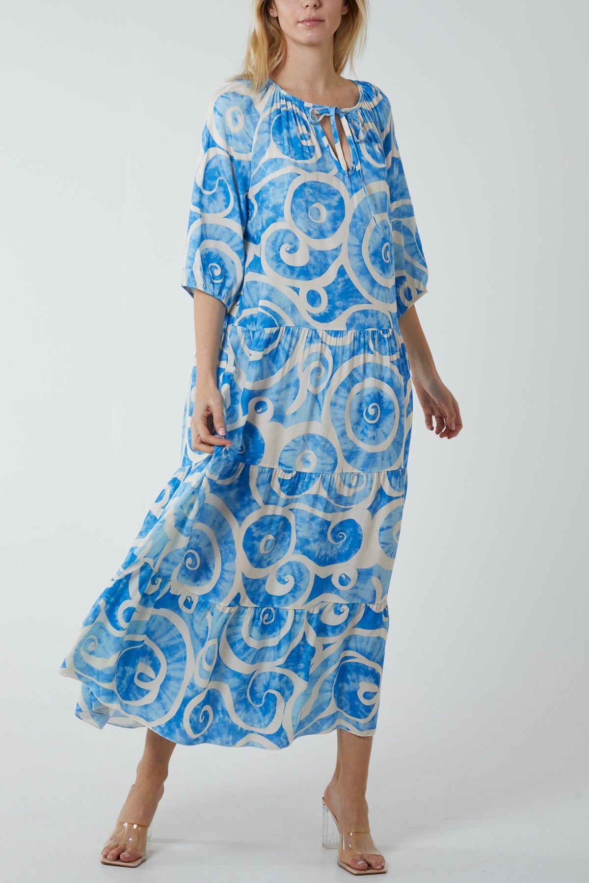 Black Swirl Tie Dye Tiered Maxi Dress For Women ONE SIZE - Dropwear