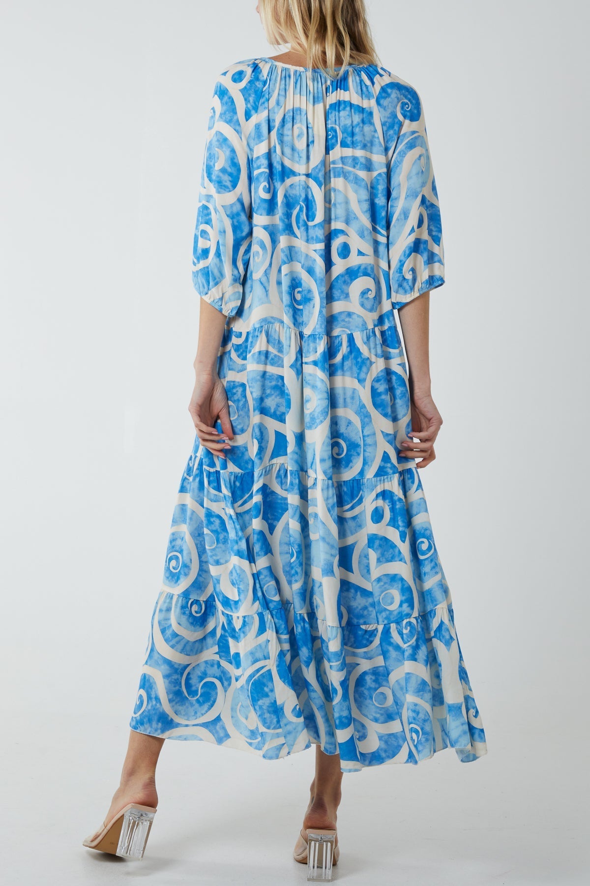 Navy Swirl Tie Dye Tiered Maxi Dress For Women ONE SIZE - Dropwear