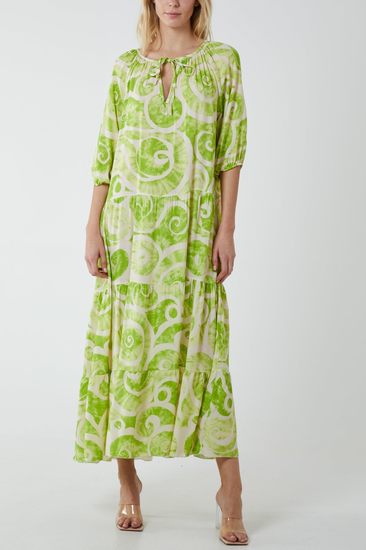 Jade Swirl Tie Dye Tiered Maxi Dress For Women ONE SIZE - Dropwear