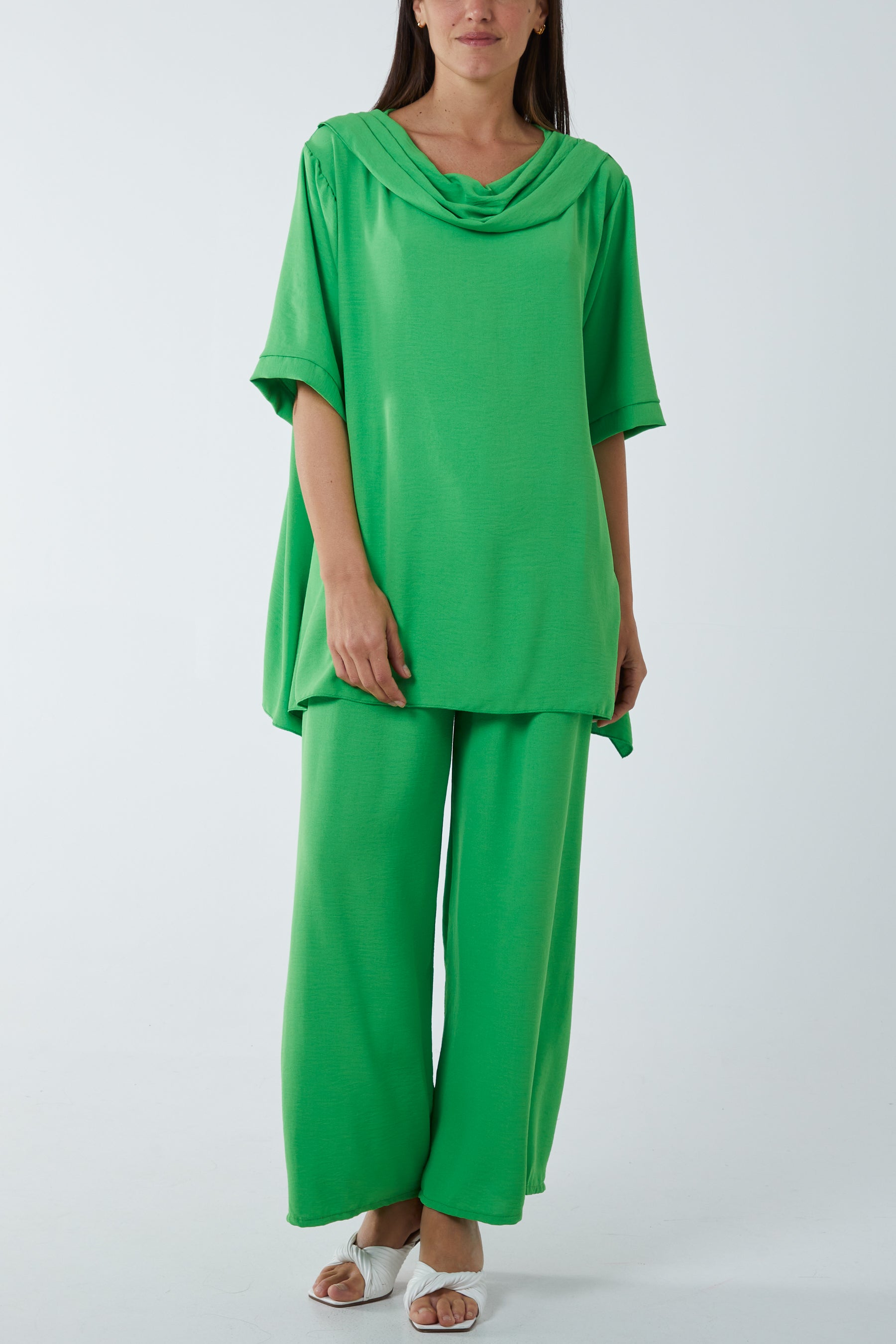 Apple Green Draped Neck Drawstring Waist Trouser Set For Women ONE SIZE - Dropwear