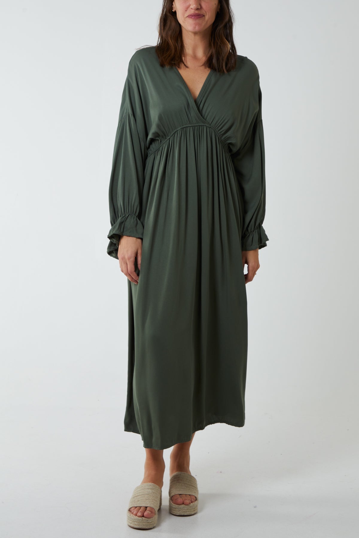 Khaki V-Neck Elasticated Waist Maxi Dress For Women ONE SIZE - Dropwear
