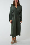 Khaki V-Neck Elasticated Waist Maxi Dress For Women ONE SIZE - Dropwear