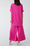 Hot Pink V-Neck Blouse Wide Leg Culottes Co-Ord For Women ONE SIZE - Dropwear