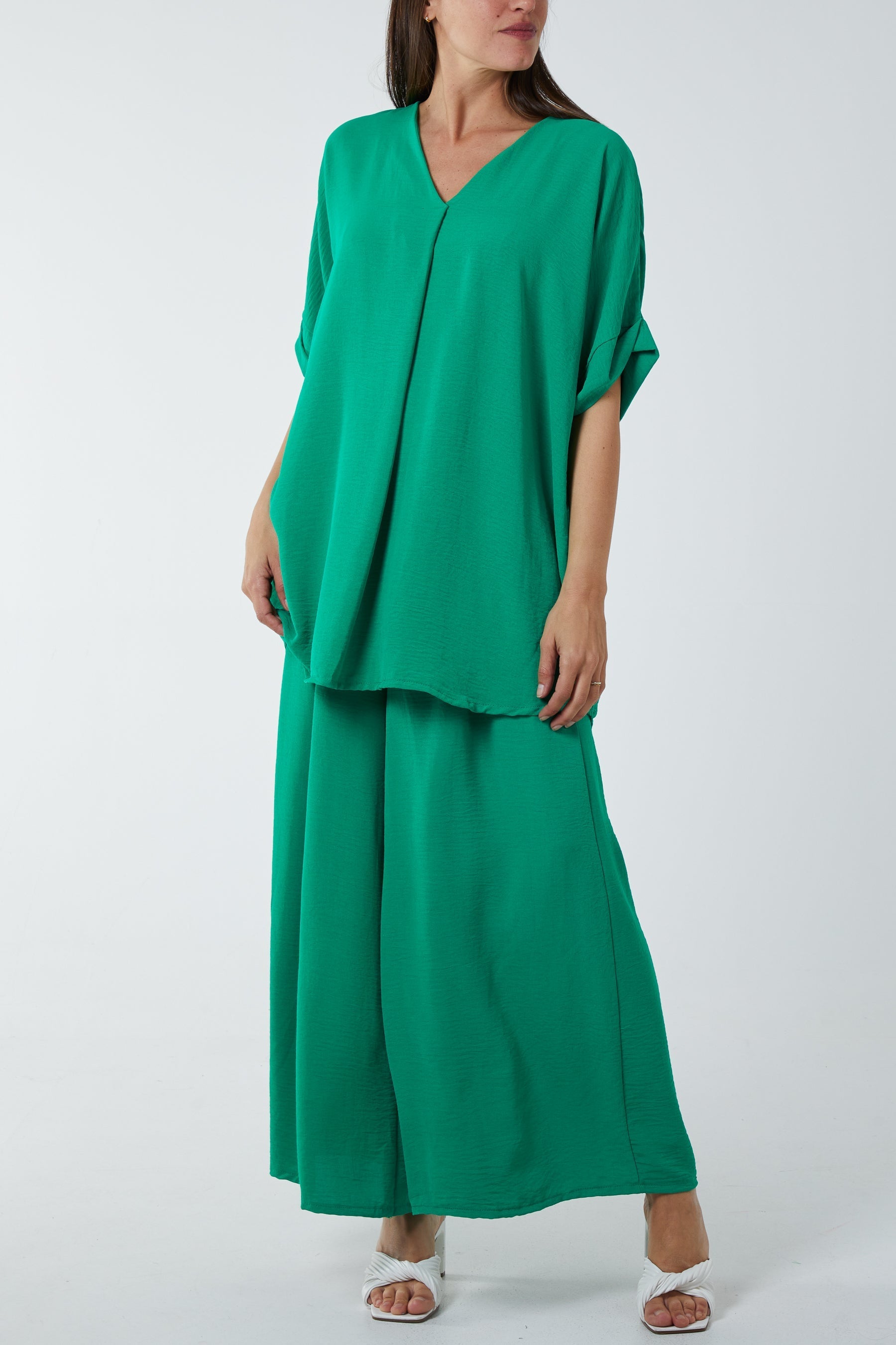 V-Neck Blouse Wide Leg Culottes Co-Ord For Women  - Dropwear