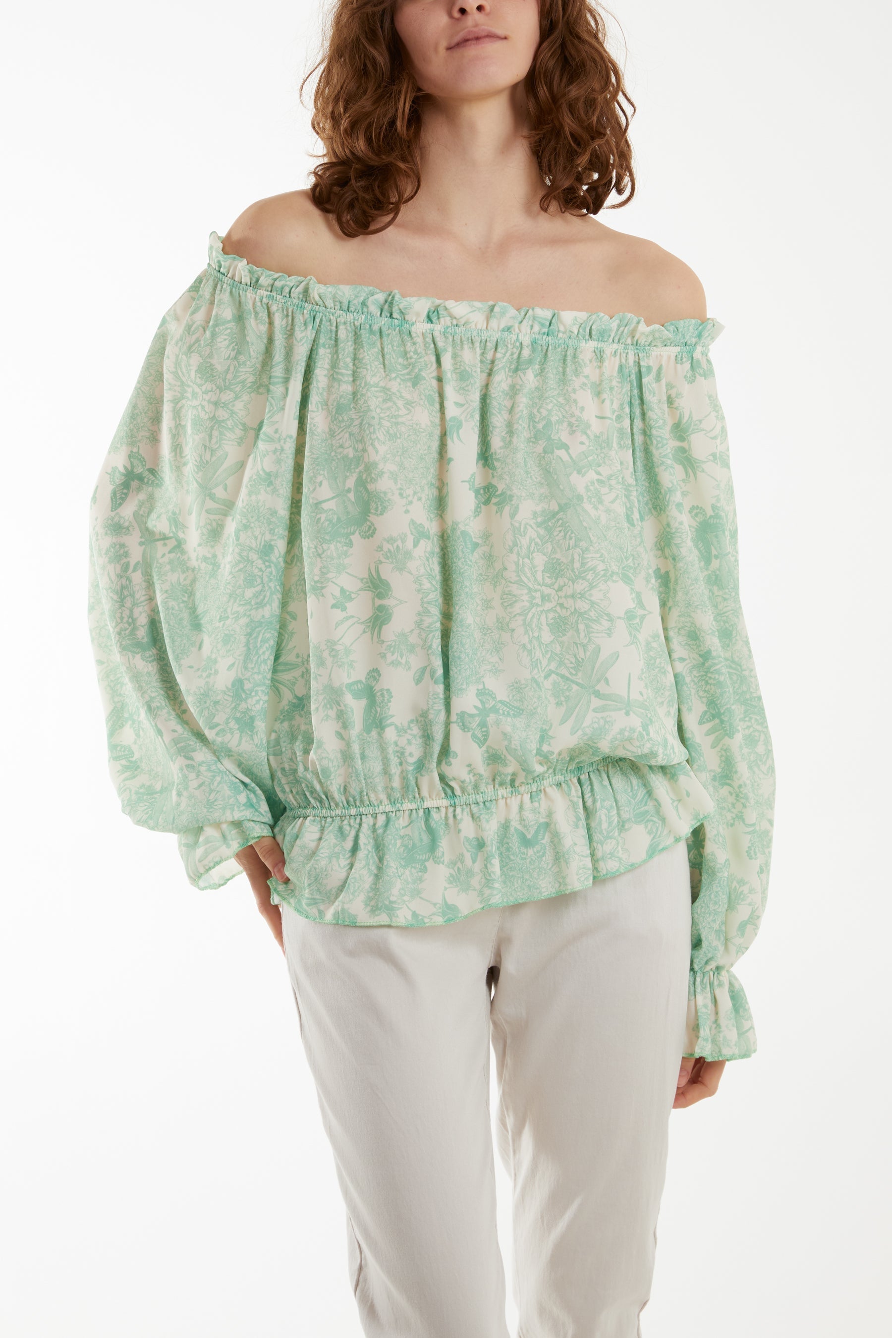 Lime Floral Pattern Bardot Top For Women ONE SIZE - Dropwear