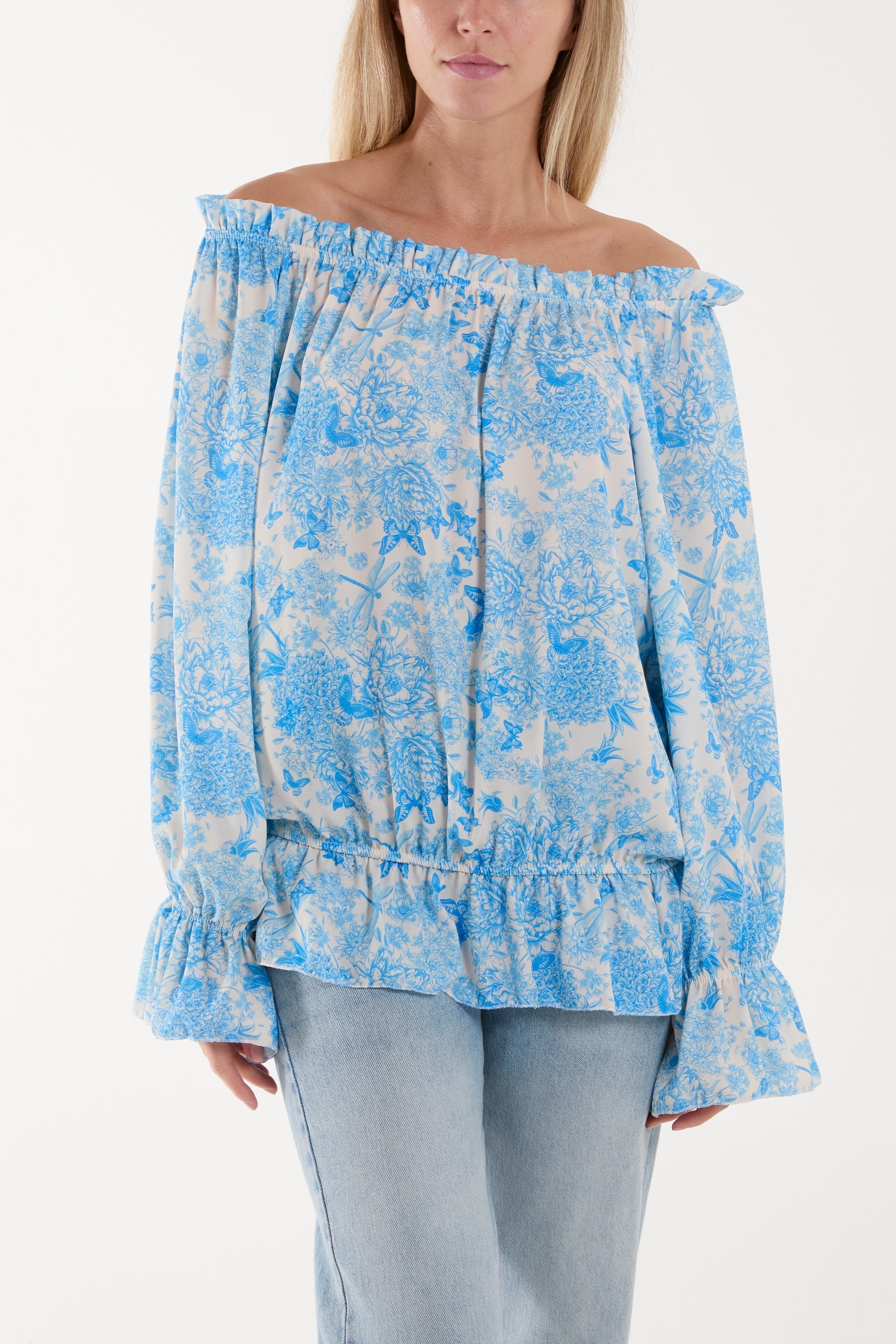 Light Blue Floral Pattern Bardot Top For Women ONE SIZE - Dropwear