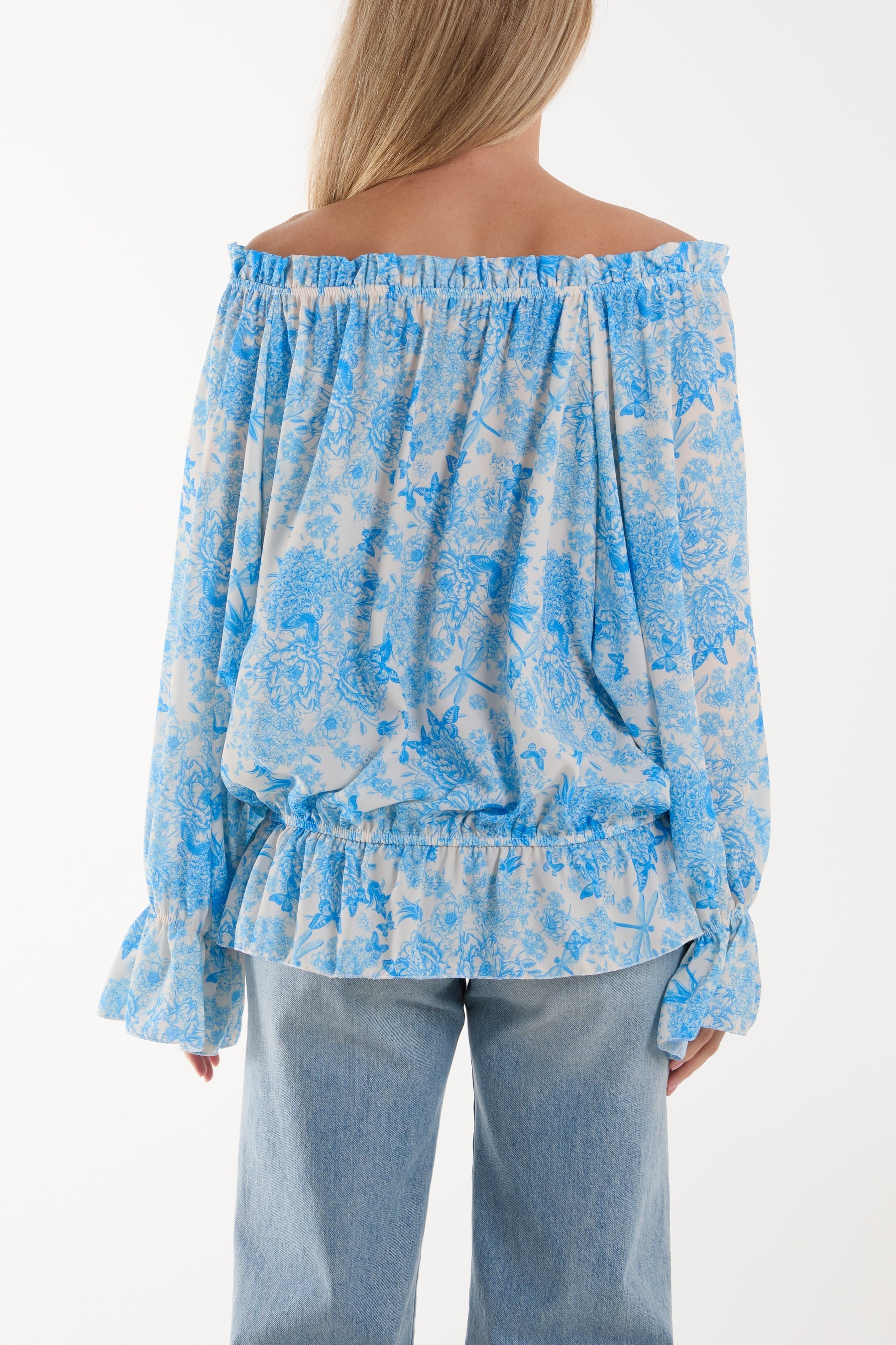 Blue Floral Pattern Bardot Top For Women ONE SIZE - Dropwear