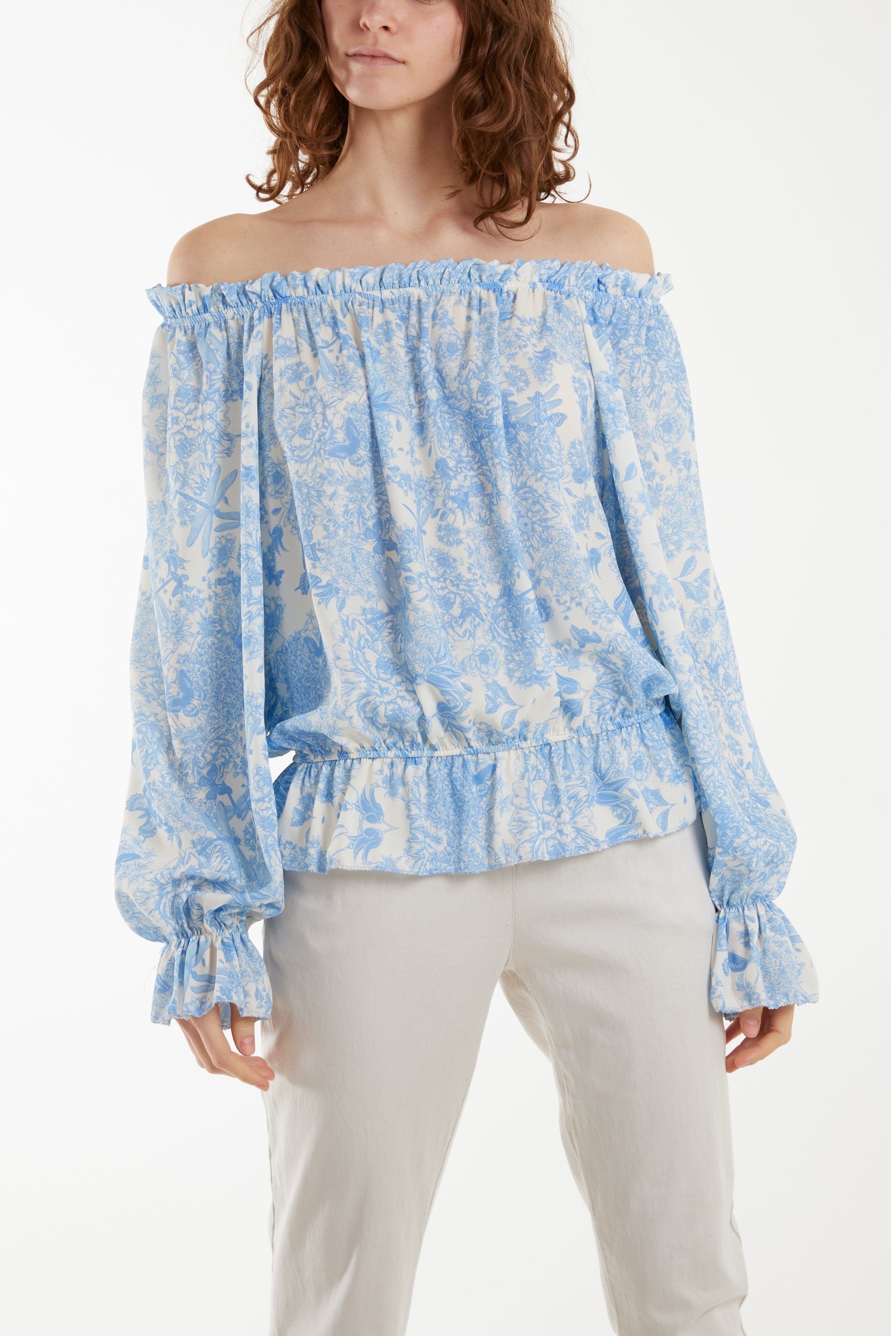 Turquoise Floral Pattern Bardot Top For Women ONE SIZE - Dropwear