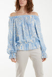 Turquoise Floral Pattern Bardot Top For Women ONE SIZE - Dropwear