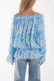 Blue Floral Pattern Bardot Top For Women ONE SIZE - Dropwear