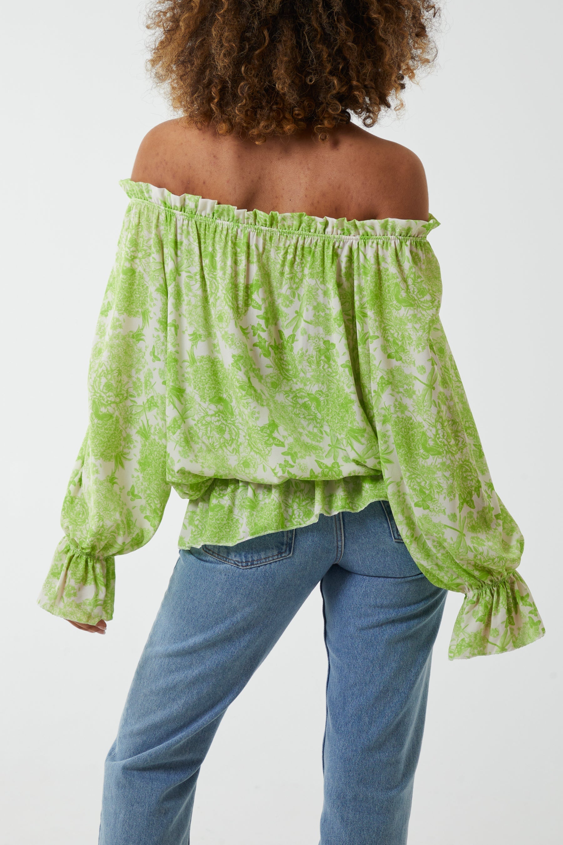 Khaki Floral Pattern Bardot Top For Women ONE SIZE - Dropwear