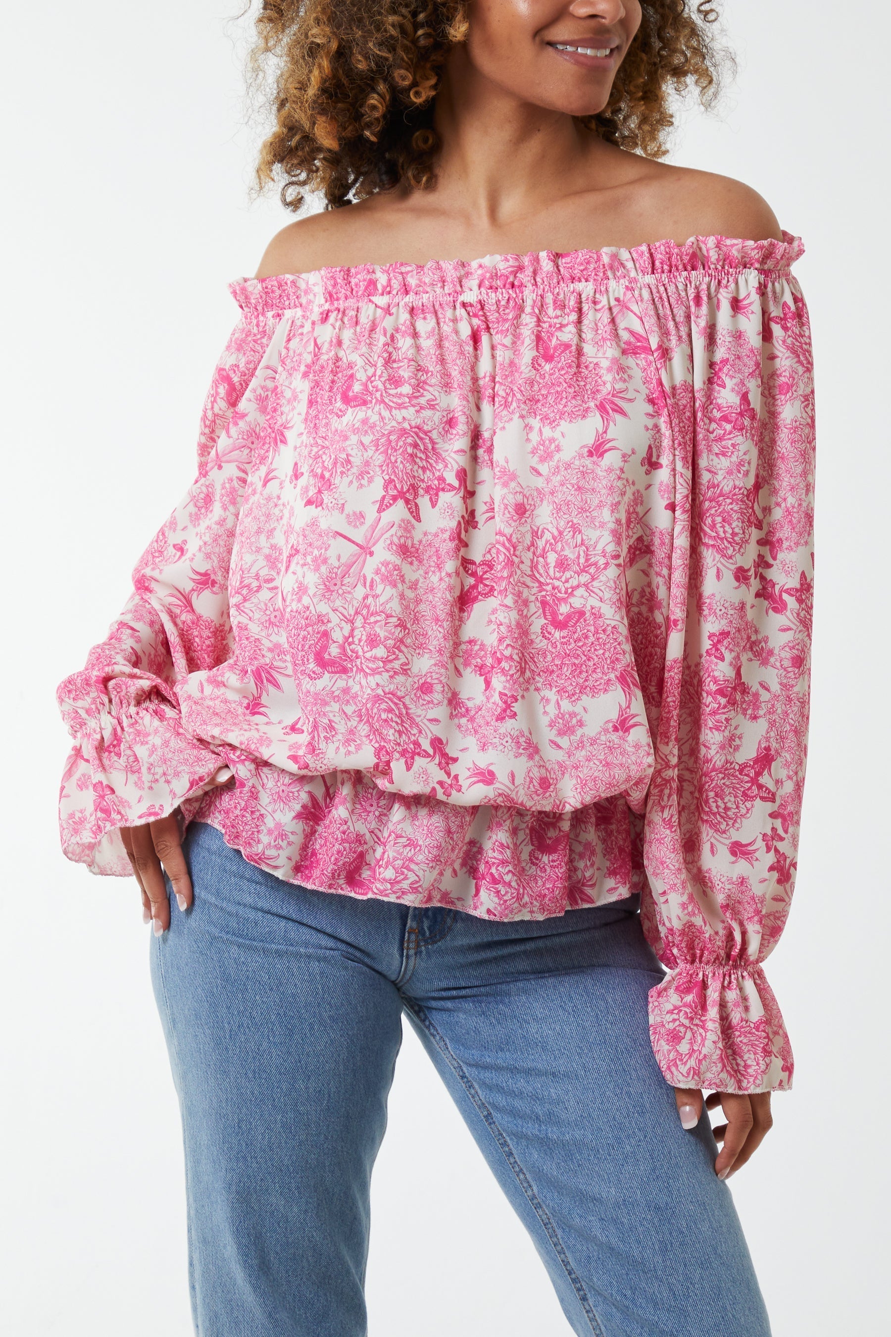Navy Floral Pattern Bardot Top For Women ONE SIZE - Dropwear