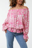 Navy Floral Pattern Bardot Top For Women ONE SIZE - Dropwear