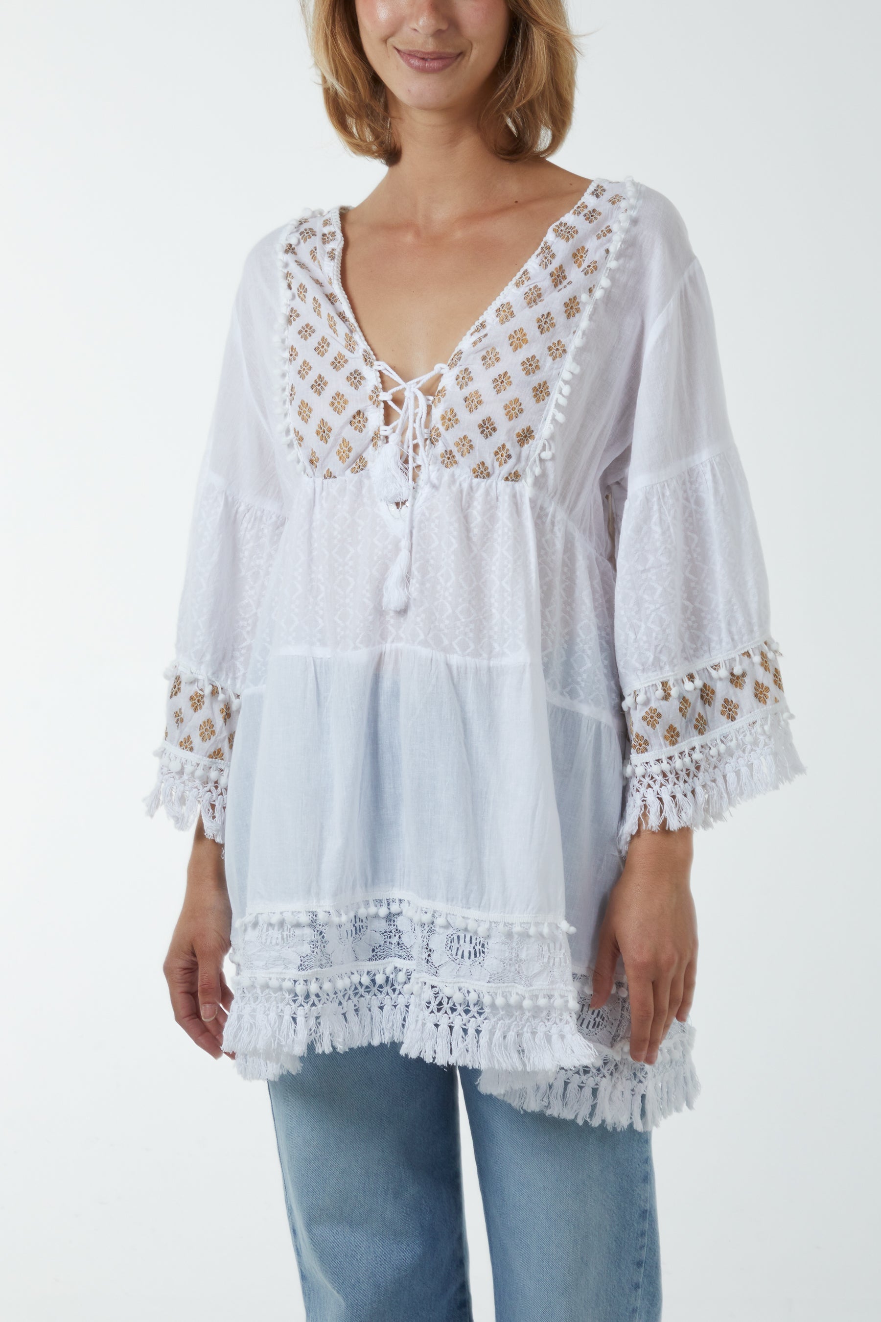 Camel Gold Detailing Tassel Tiered Top For Women ONE SIZE - Dropwear