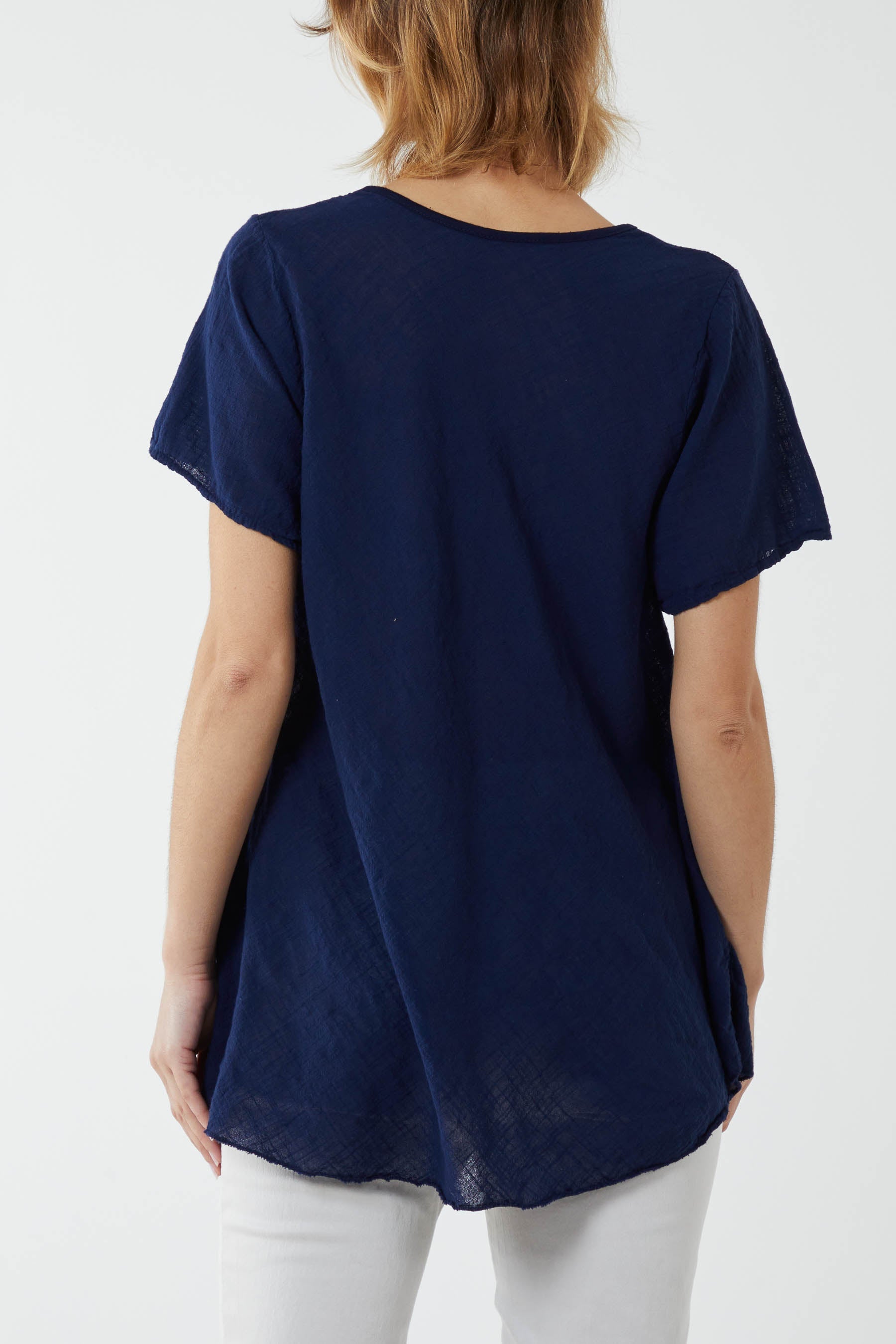 Navy Round Neck Short Sleeve Cotton T-Shirt For Women ONE SIZE - Dropwear