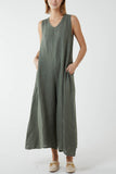 Taupe Linen Sleeveless Jumpsuit For Women ONE SIZE - Dropwear