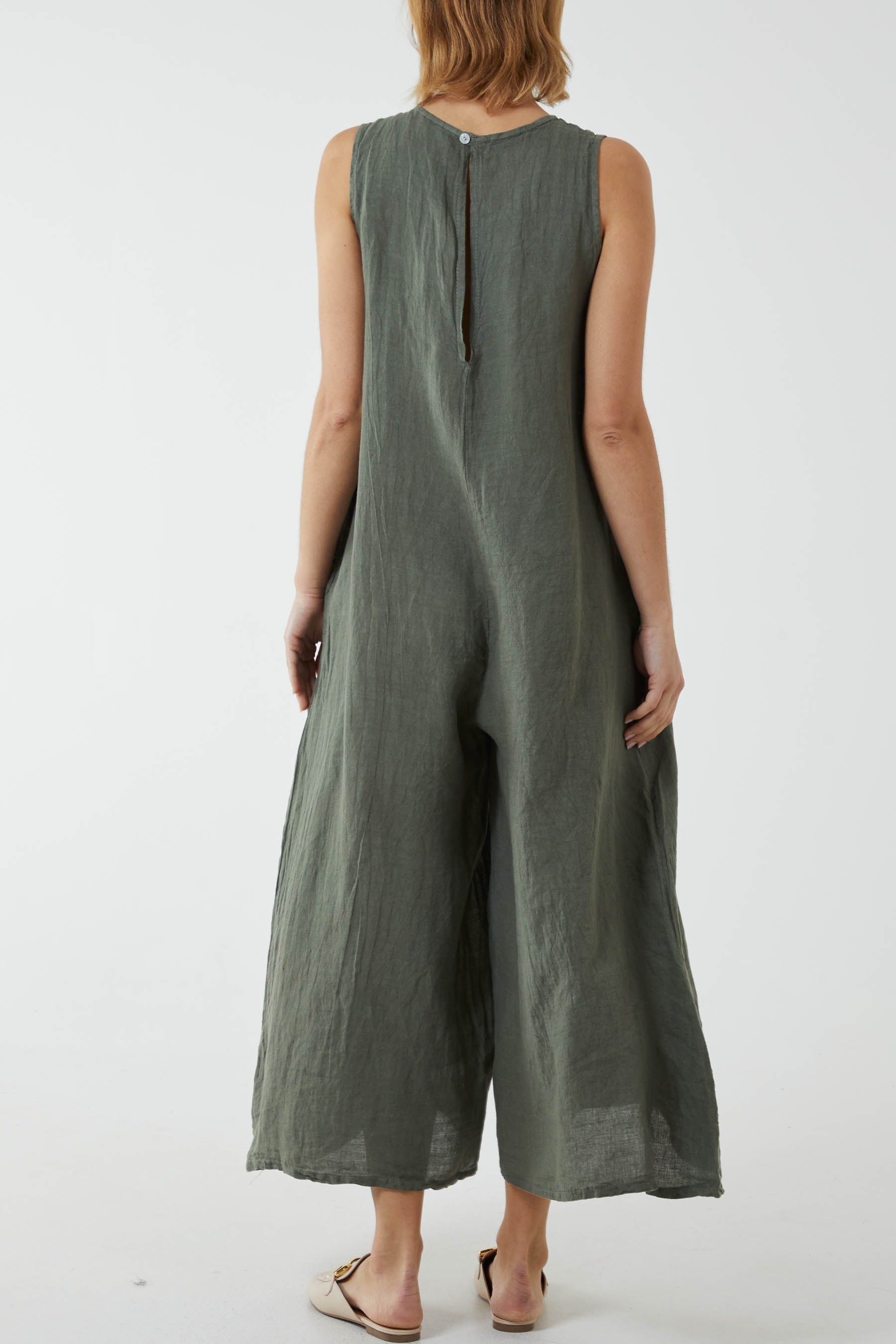 Khaki Linen Sleeveless Jumpsuit For Women ONE SIZE - Dropwear