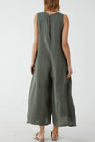 Khaki Linen Sleeveless Jumpsuit For Women ONE SIZE - Dropwear