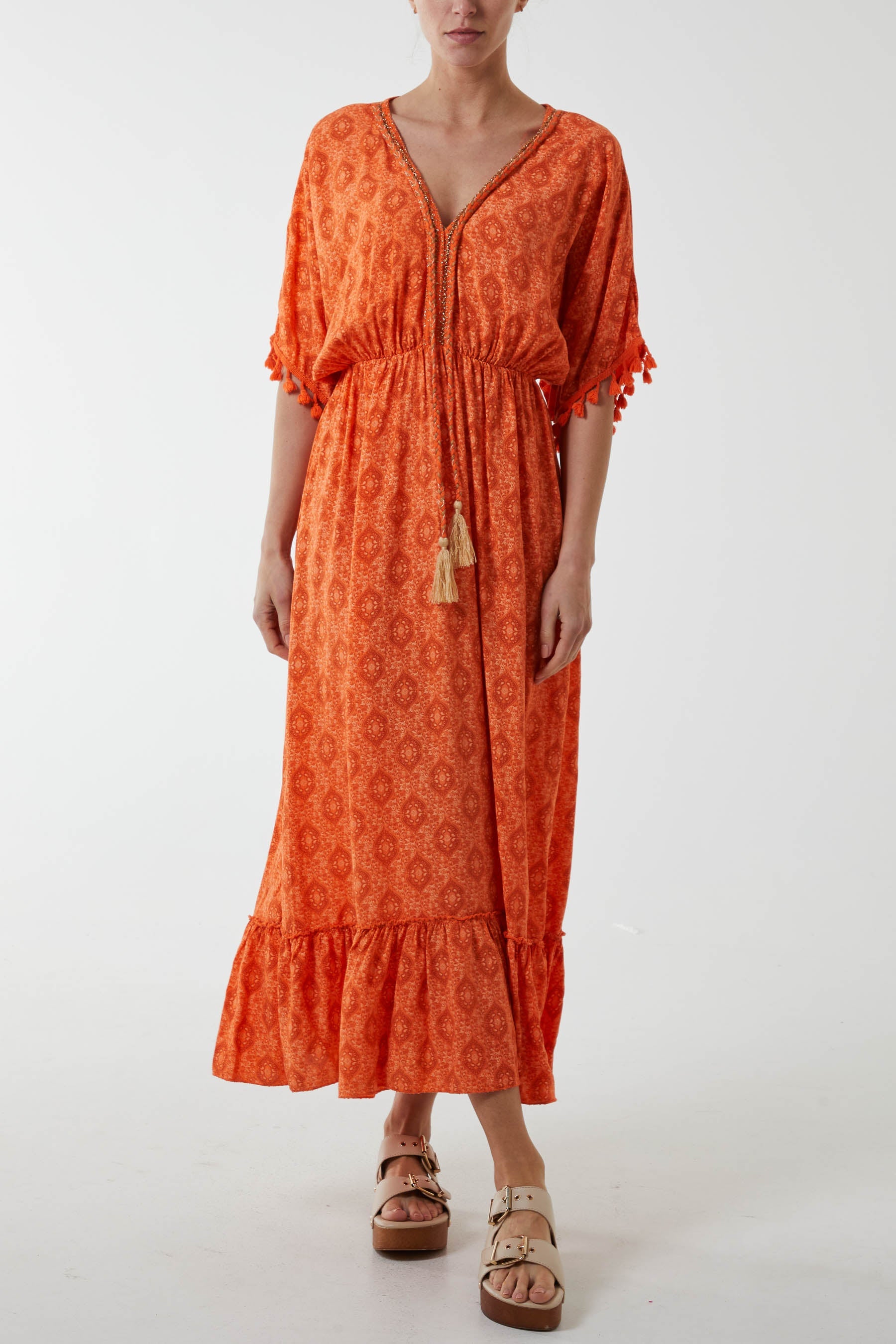 Royal Blue Baroque Floral Tassel Dress For Women ONE SIZE - Dropwear