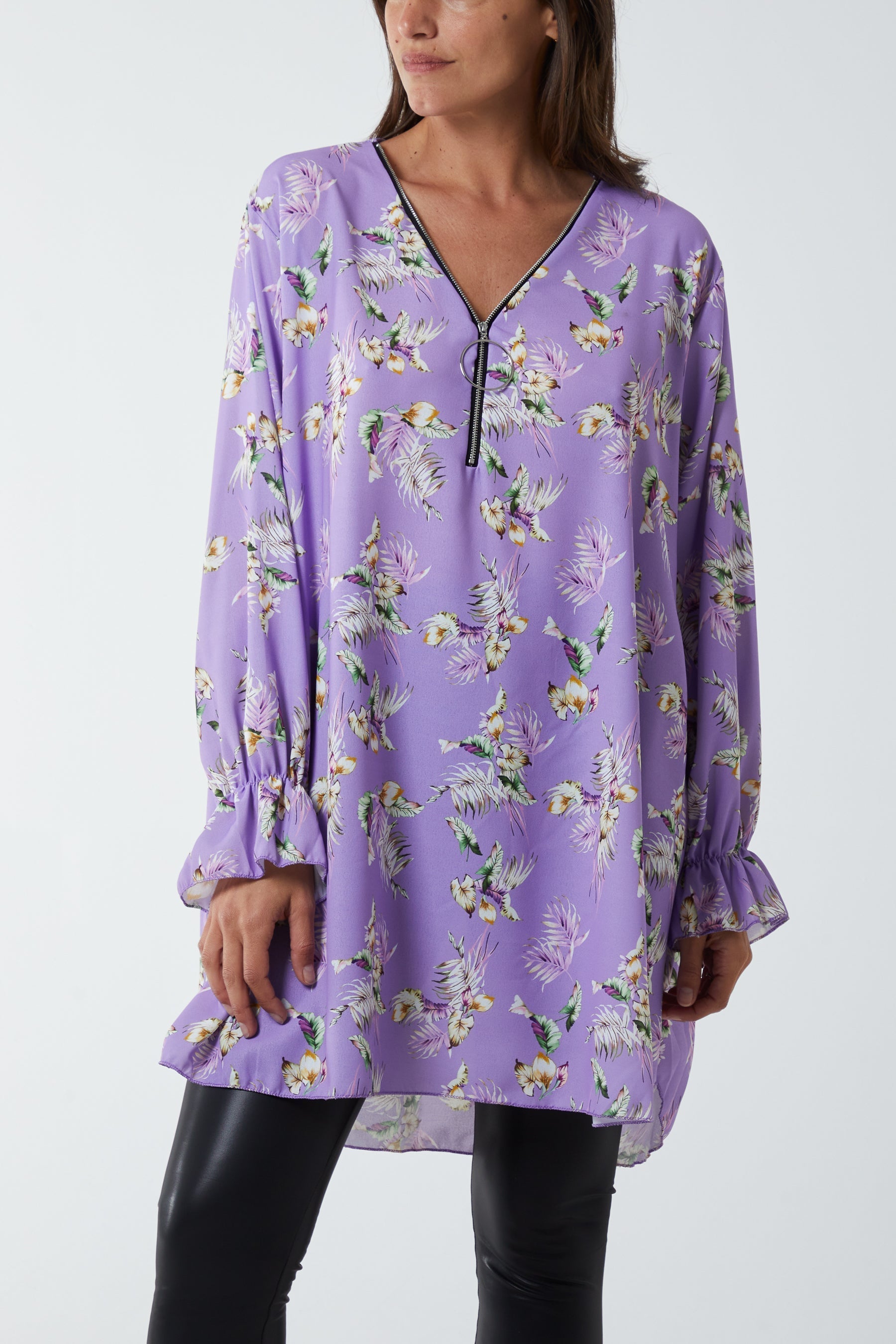Hot Pink Floral Zip Neck Tunic Dress For Women ONE SIZE - Dropwear