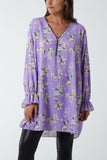 Hot Pink Floral Zip Neck Tunic Dress For Women ONE SIZE - Dropwear