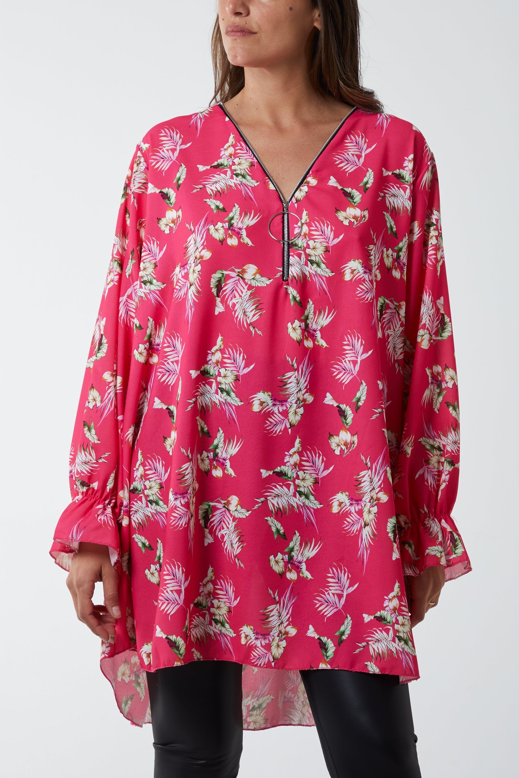 Floral Zip Neck Tunic Dress For Women  - Dropwear