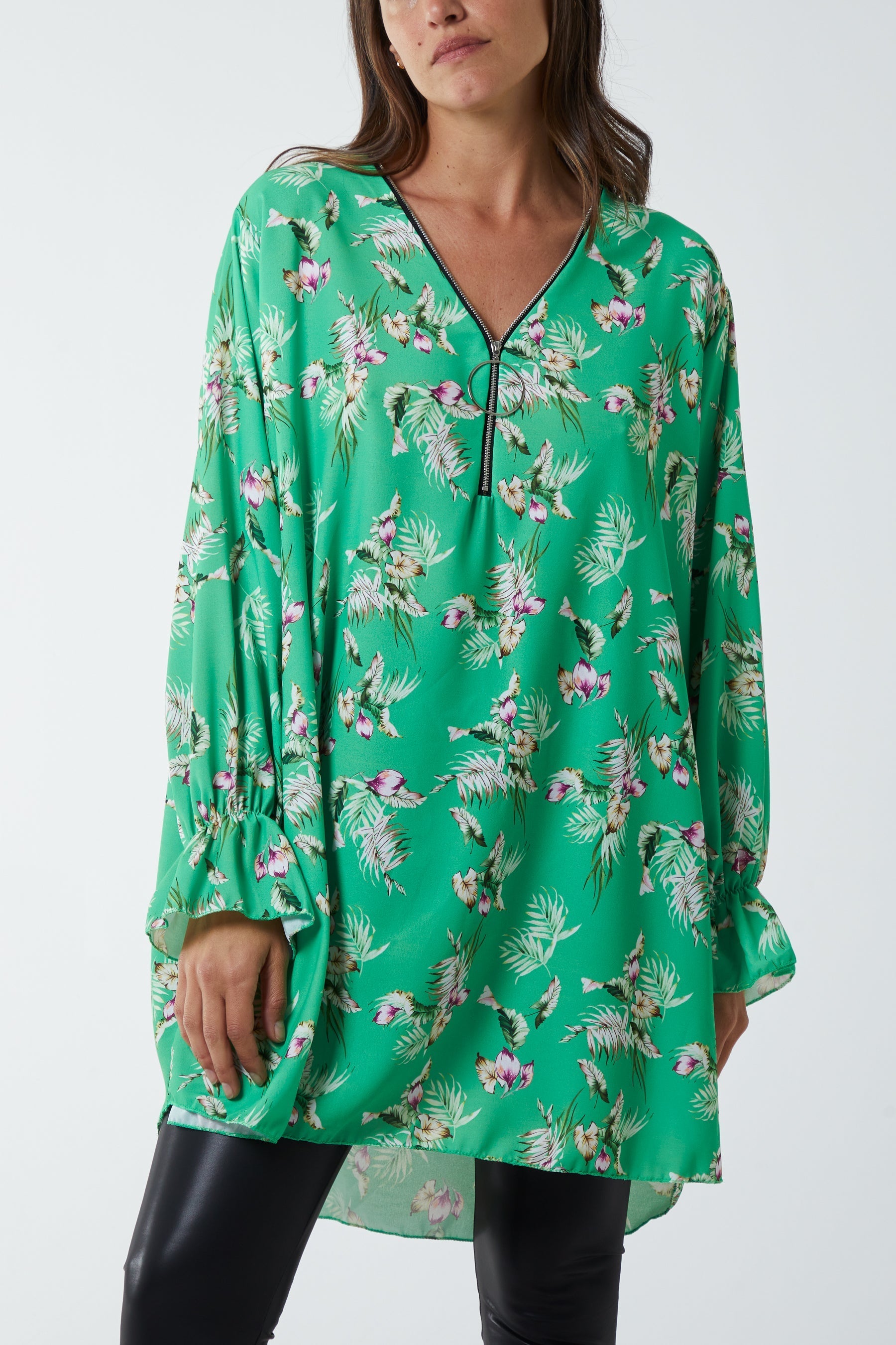 Floral Zip Neck Tunic Dress For Women  - Dropwear