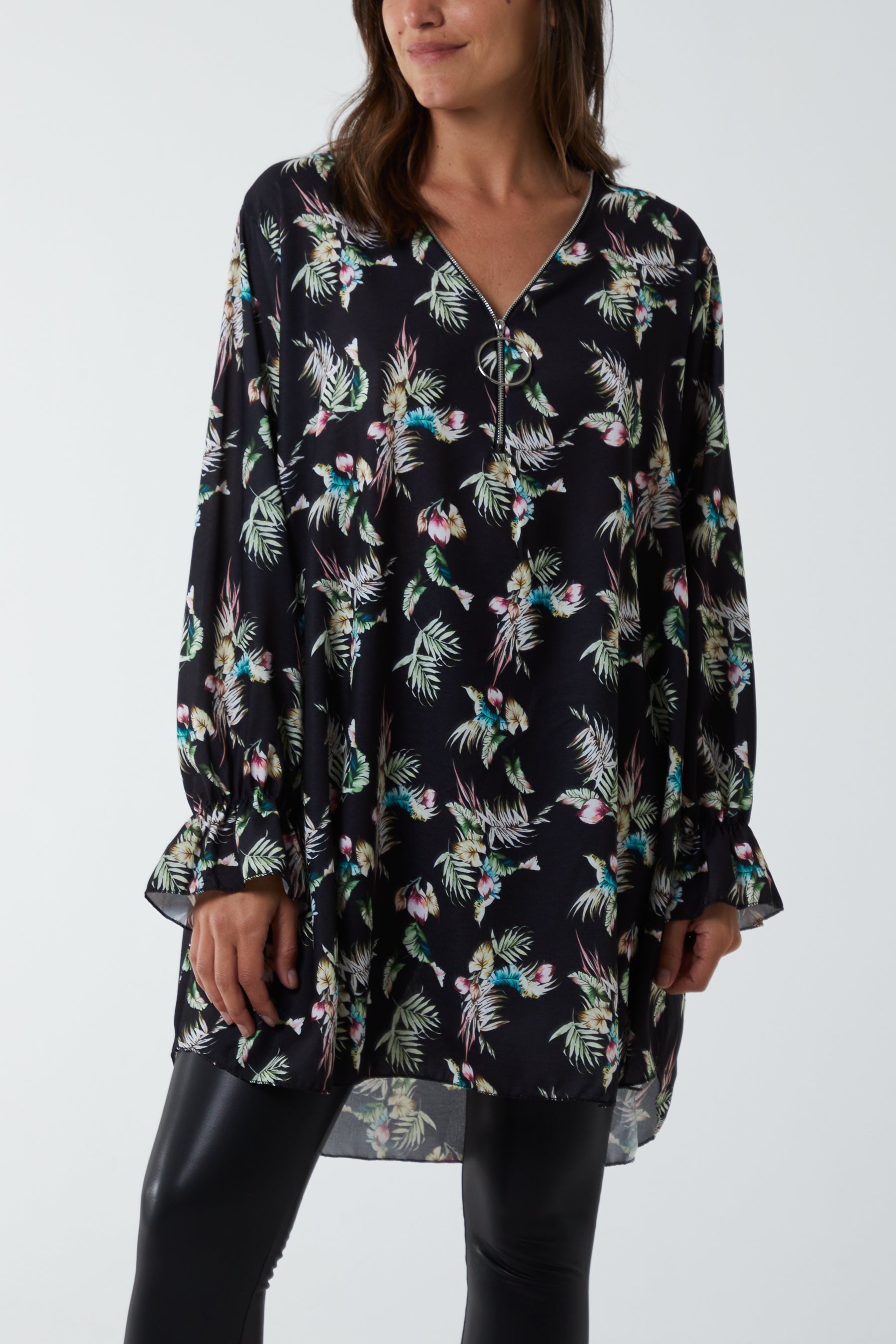 Apple Green Floral Zip Neck Tunic Dress For Women ONE SIZE - Dropwear