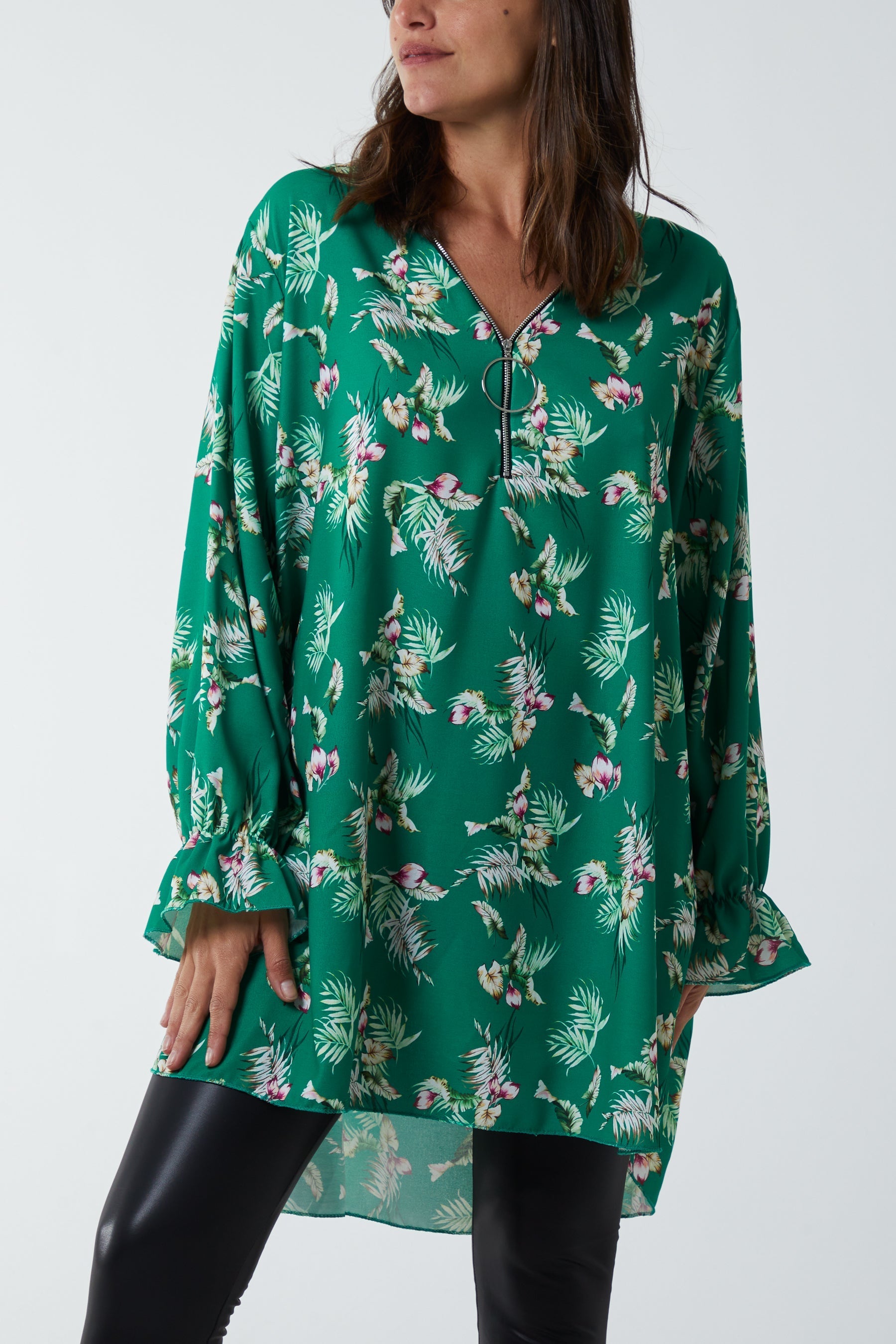 Black Floral Zip Neck Tunic Dress For Women ONE SIZE - Dropwear