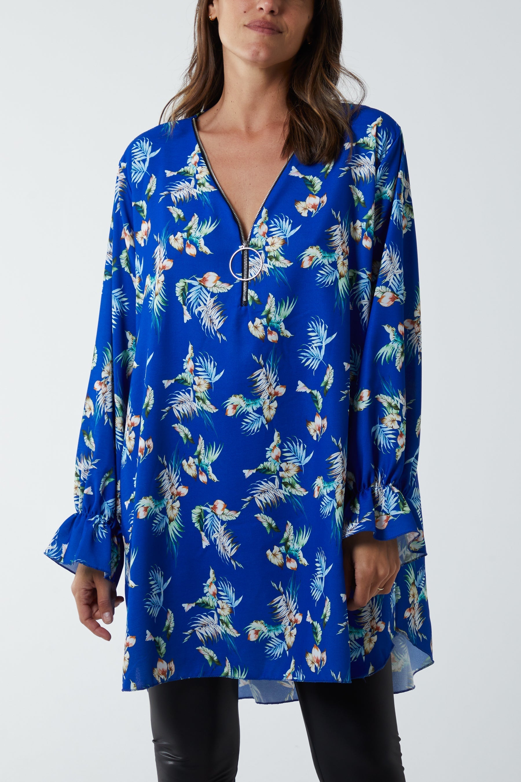 Royal Blue Floral Zip Neck Tunic Dress For Women ONE SIZE - Dropwear