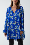 Royal Blue Floral Zip Neck Tunic Dress For Women ONE SIZE - Dropwear