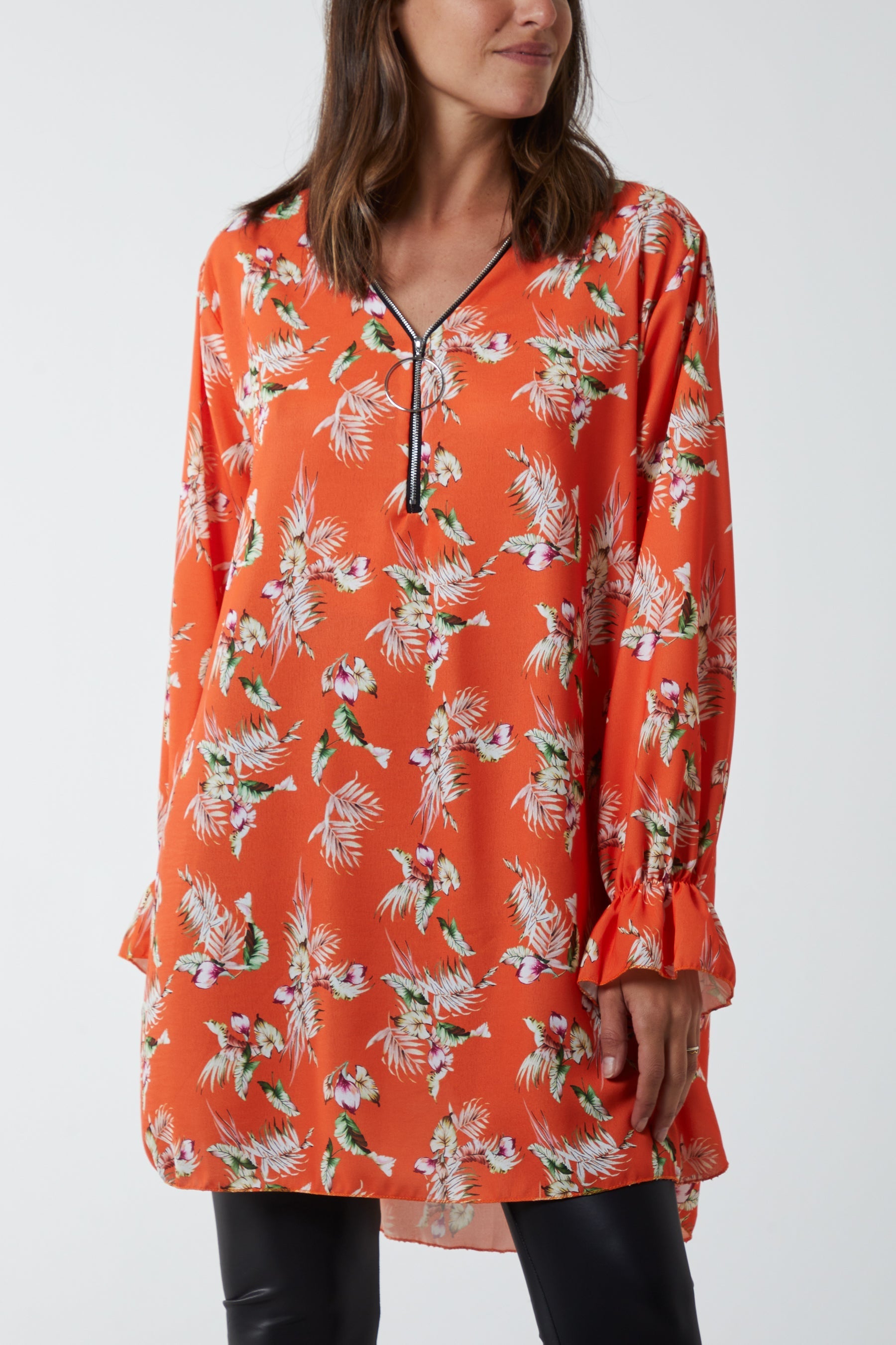 Floral Zip Neck Tunic Dress For Women  - Dropwear