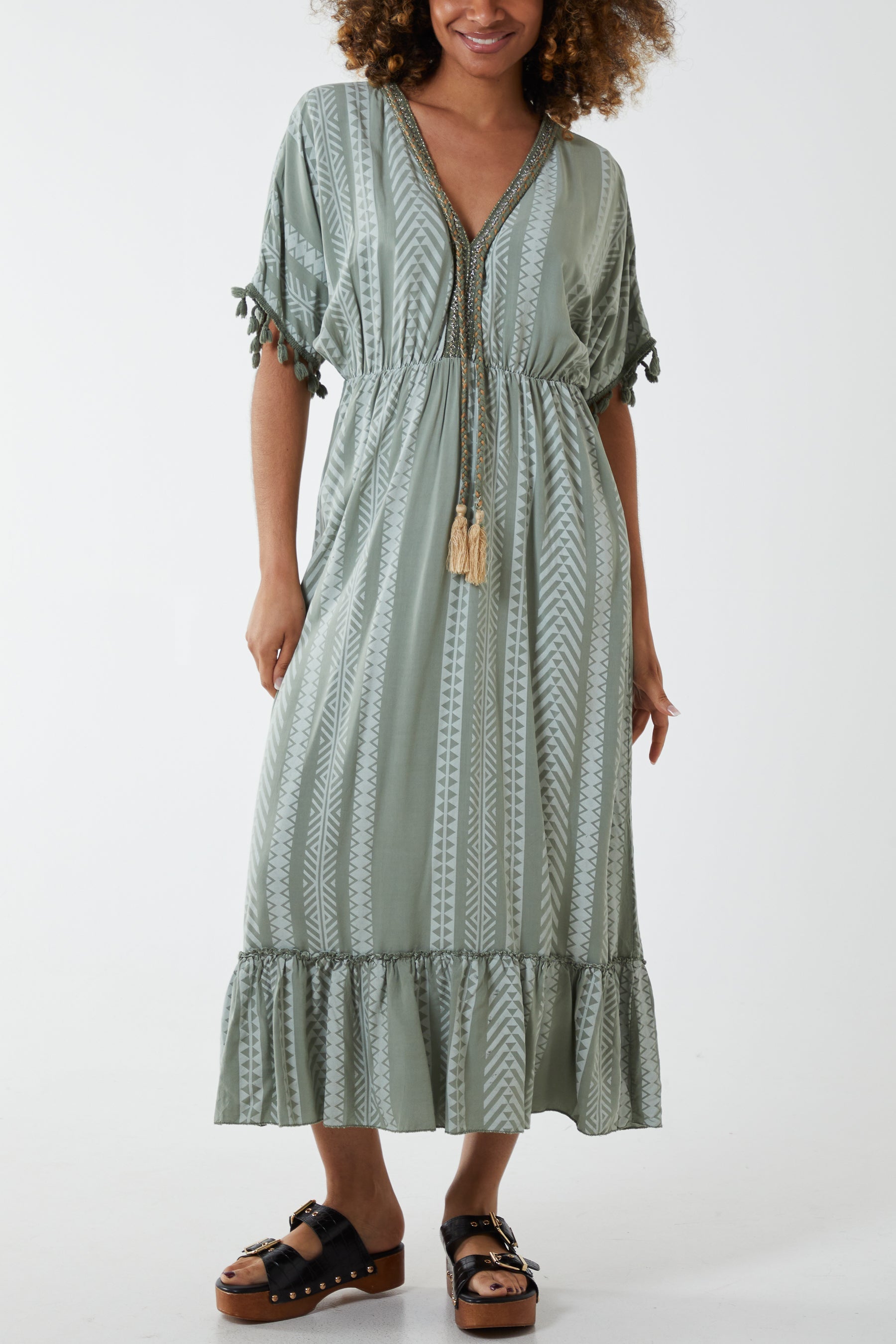 Khaki Aztec Print Tassel Midi Dress For Women ONE SIZE - Dropwear