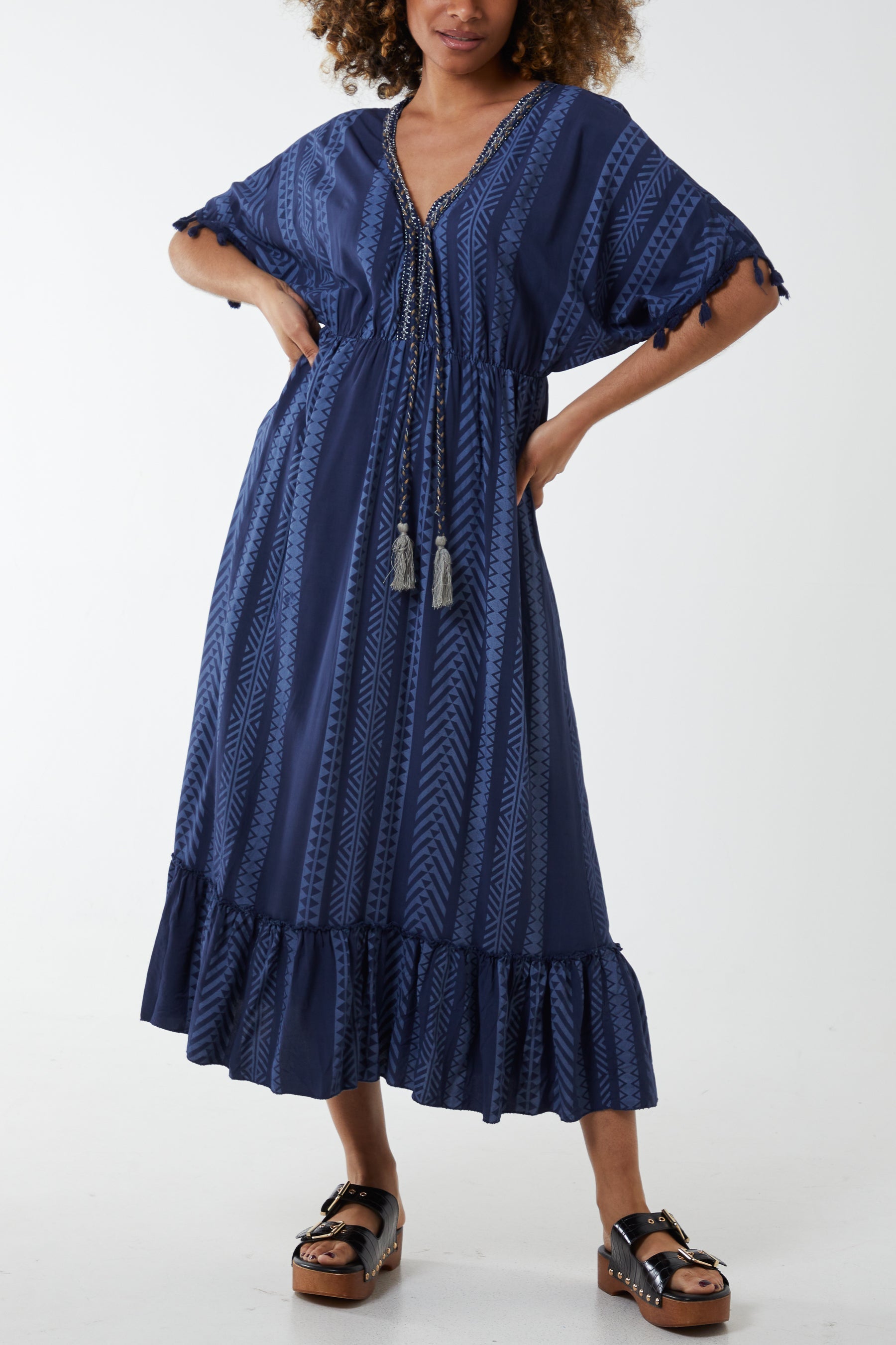 Bubblegum Pink Aztec Print Tassel Midi Dress For Women ONE SIZE - Dropwear