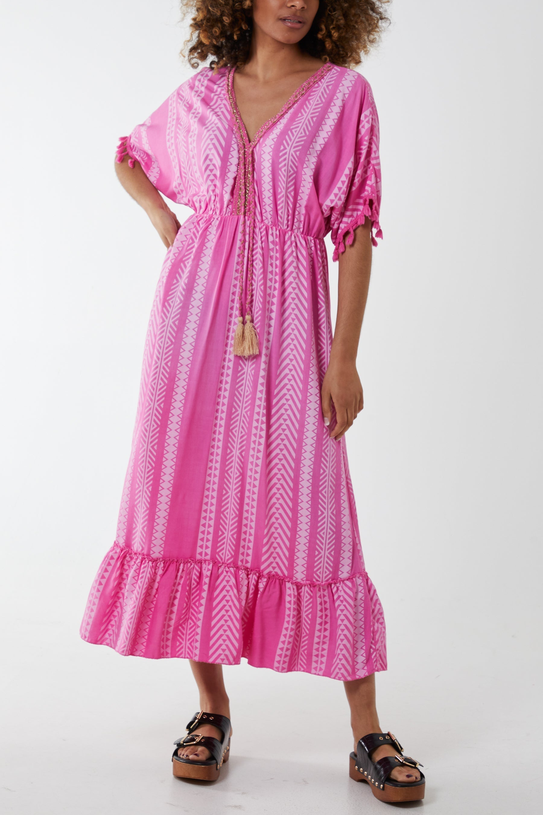 Aztec Print Tassel Midi Dress For Women  - Dropwear