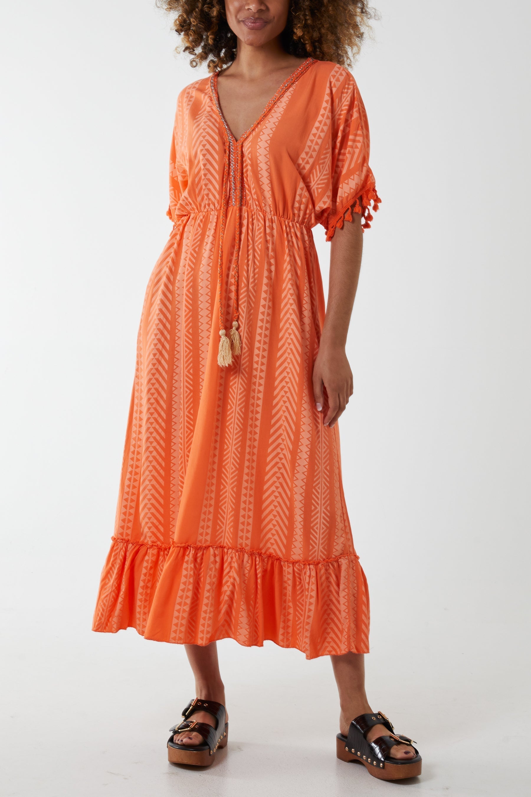 Aztec Print Tassel Midi Dress For Women  - Dropwear