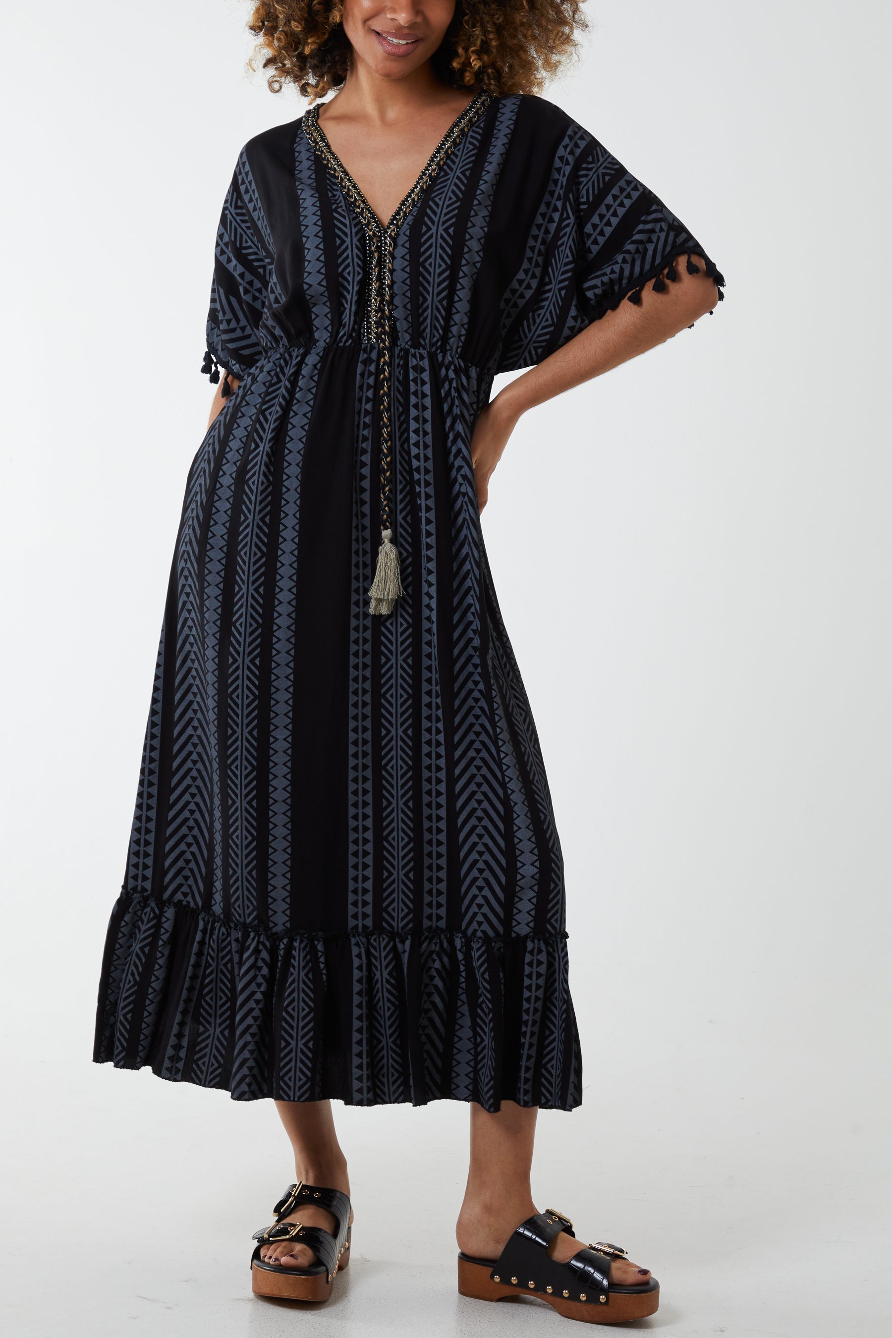 Aztec Print Tassel Midi Dress For Women  - Dropwear