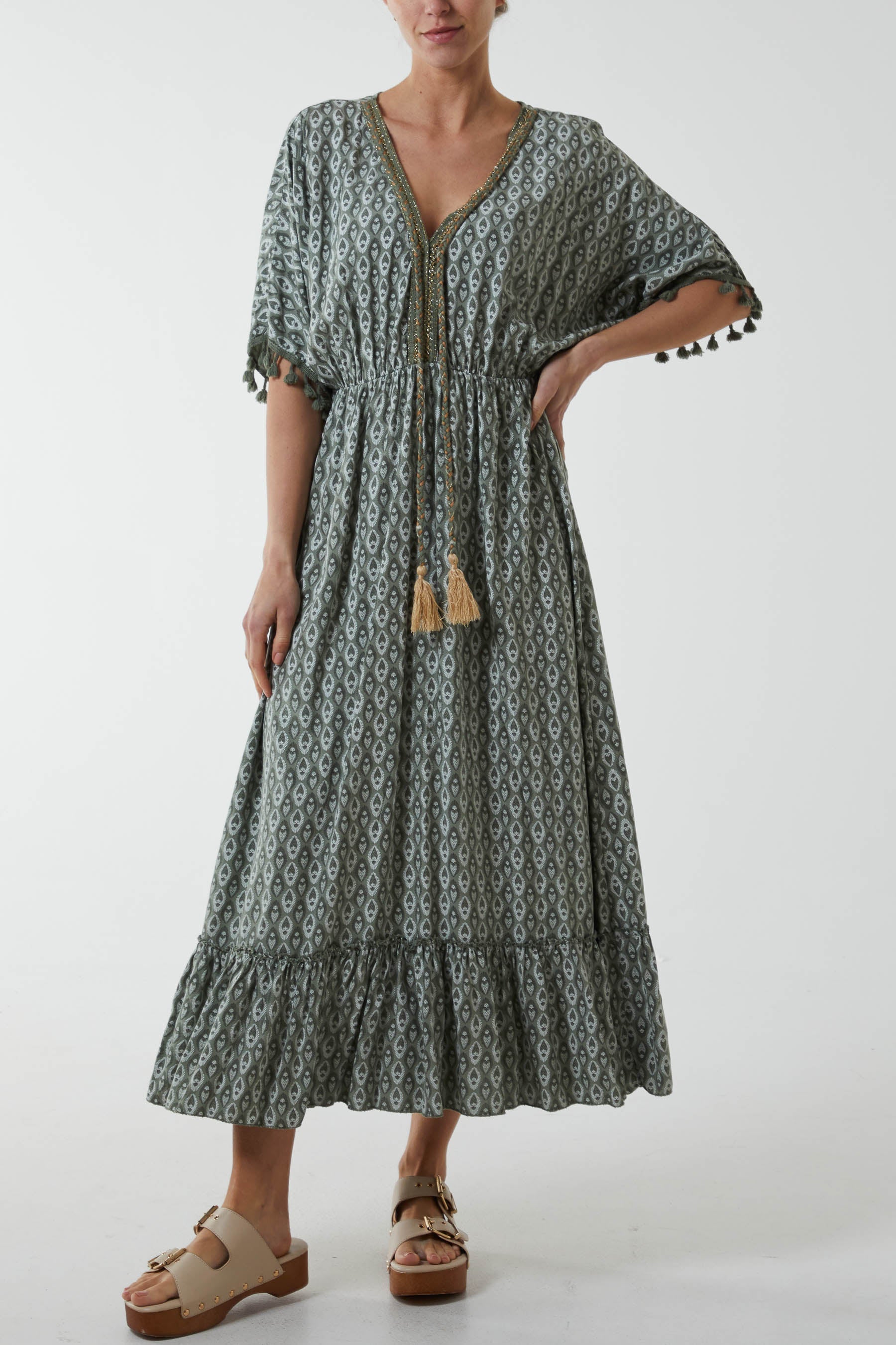 Jade Mosaic Print Tassel Dress For Women ONE SIZE - Dropwear