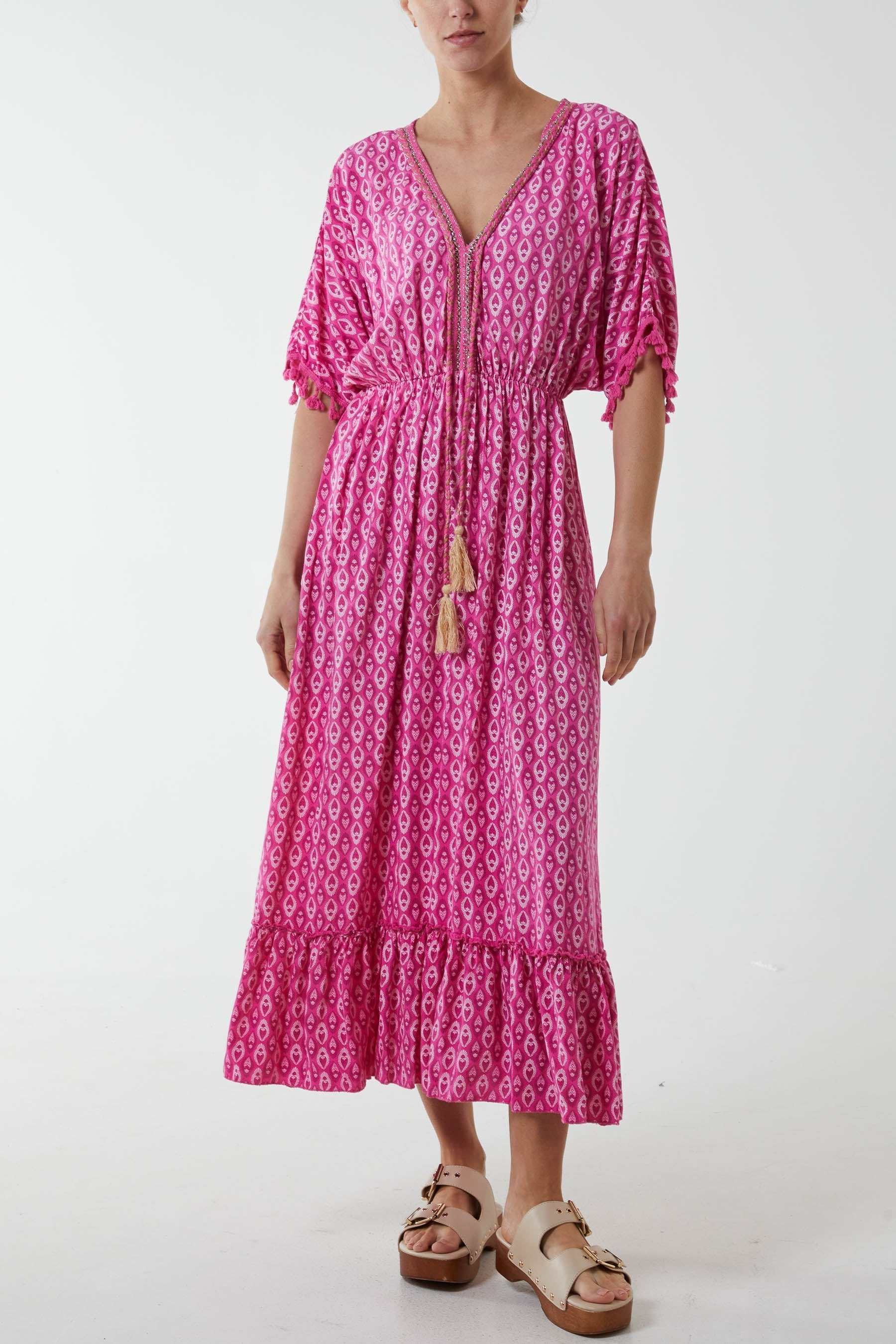 Stone Mosaic Print Tassel Dress For Women ONE SIZE - Dropwear