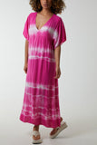 Hot Pink V-Neck Tie Dye Maxi Dress For Women ONE SIZE - Dropwear
