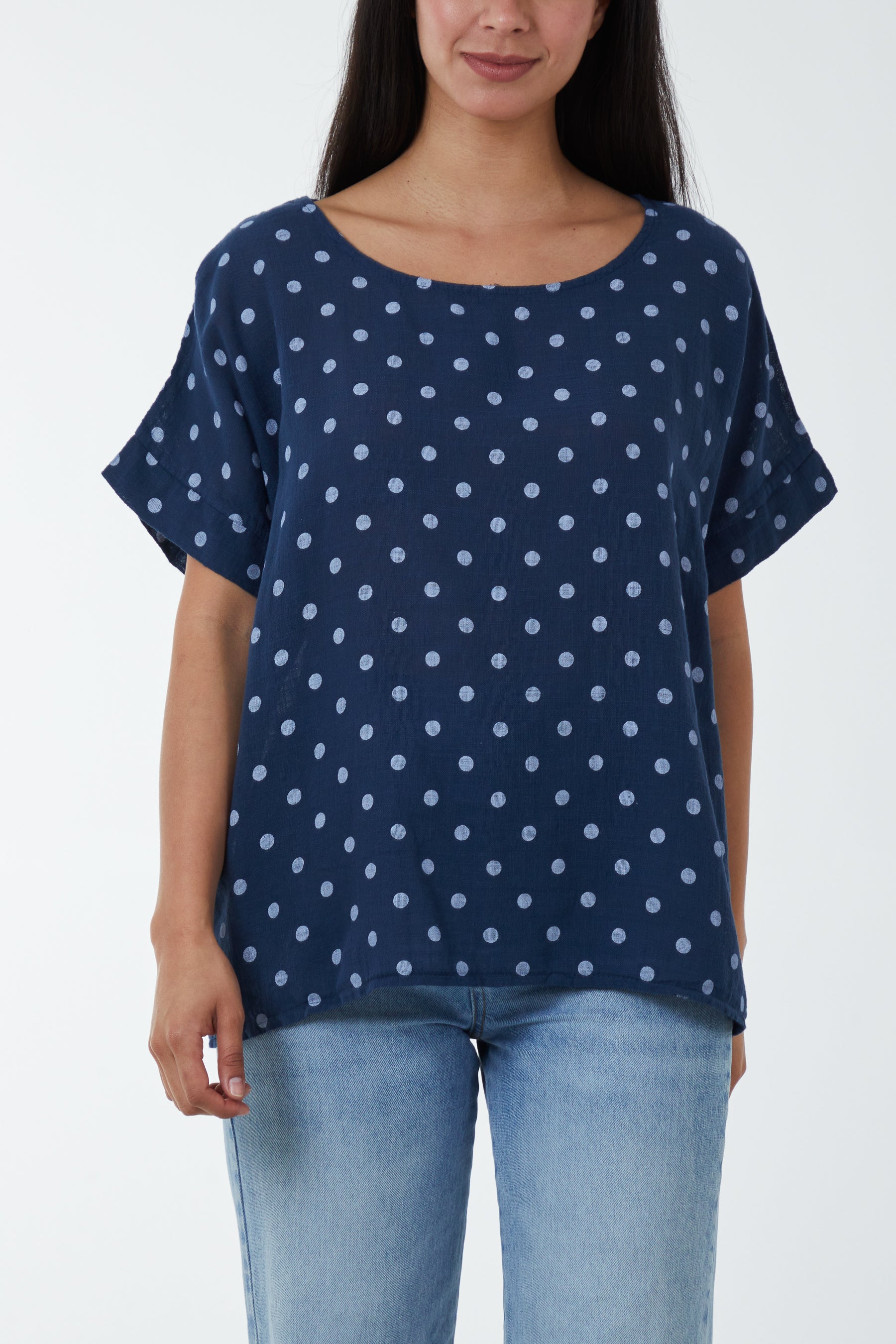 Navy Polka Dot Short Sleeve Top For Women ONE SIZE - Dropwear