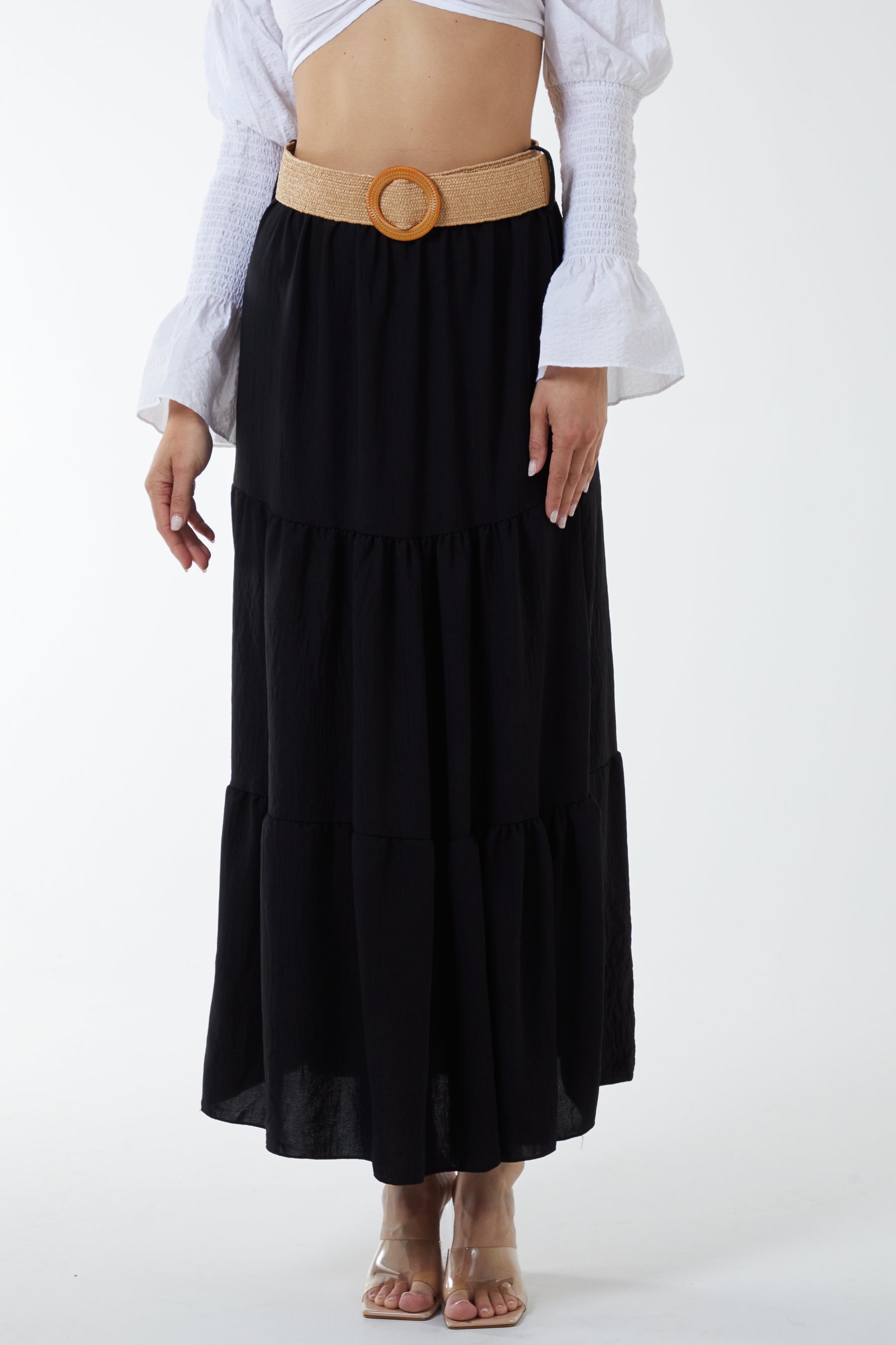 Navy Belted Tiered Maxi Skirt For Women ONE SIZE - Dropwear