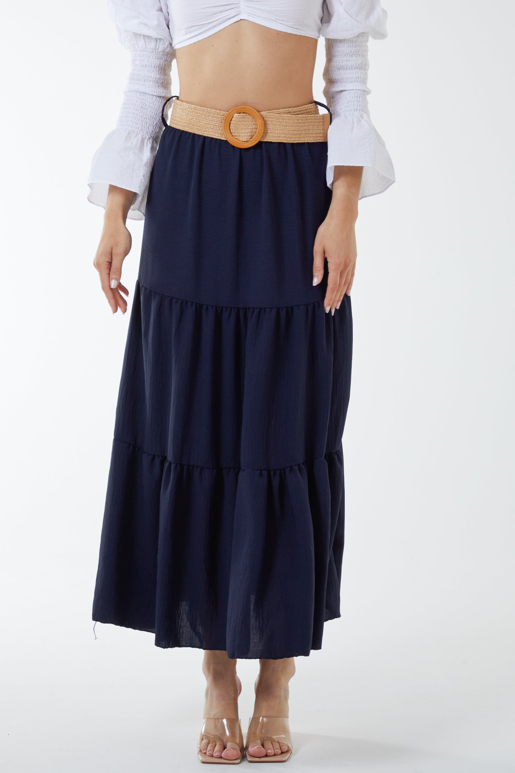 Belted Tiered Maxi Skirt For Women  - Dropwear