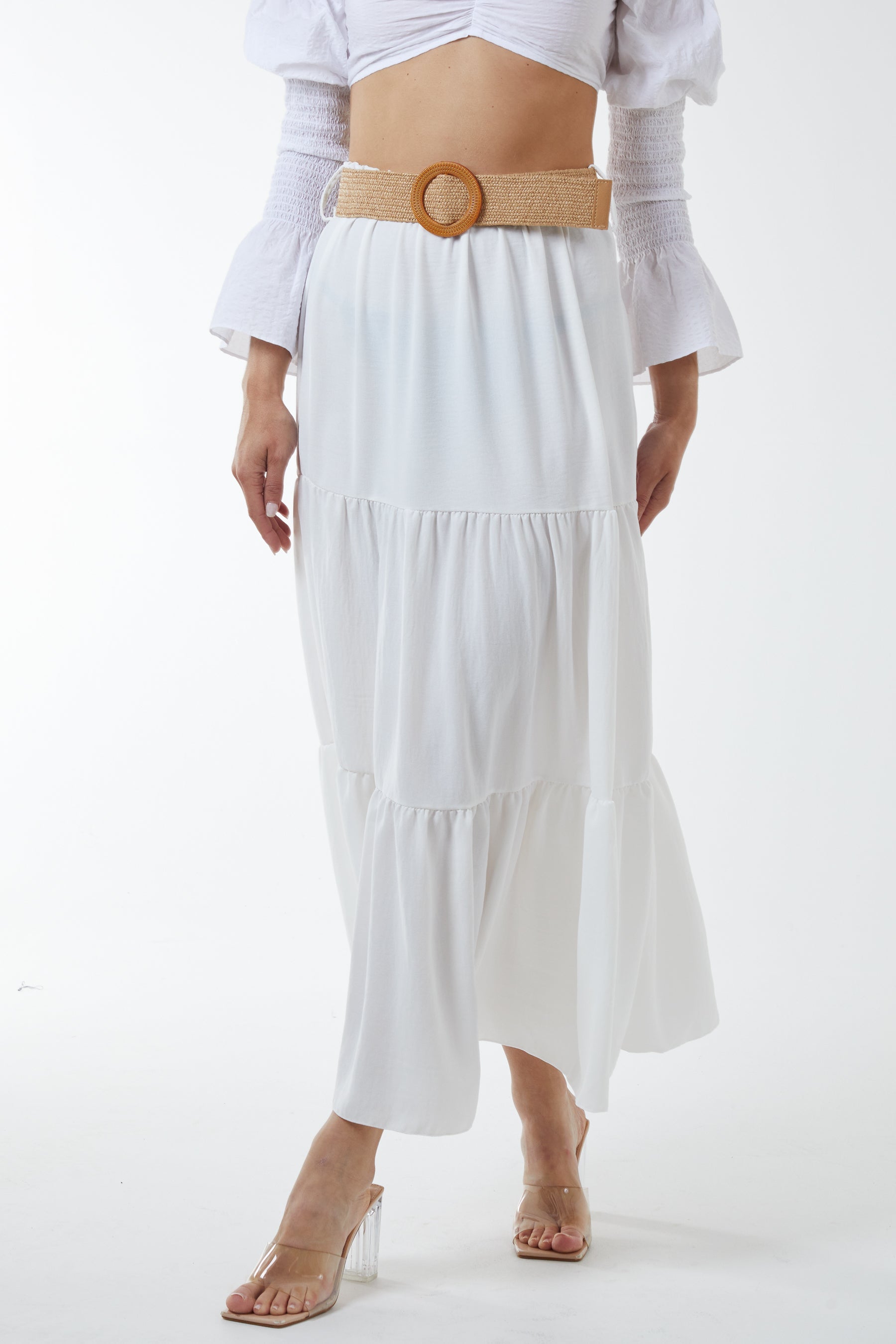 Black Belted Tiered Maxi Skirt For Women ONE SIZE - Dropwear
