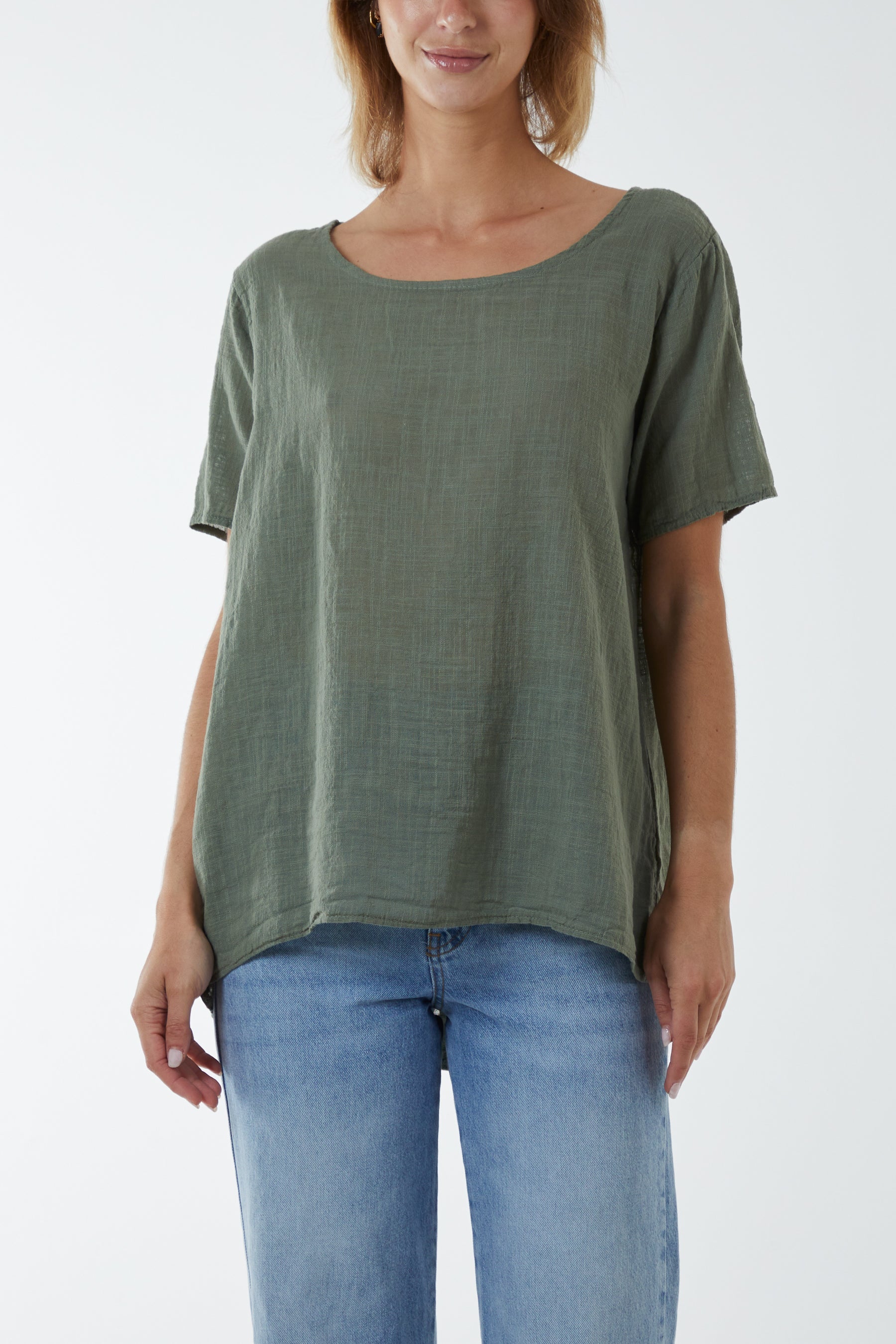 Stone Round Neck Button Back Top For Women ONE SIZE - Dropwear