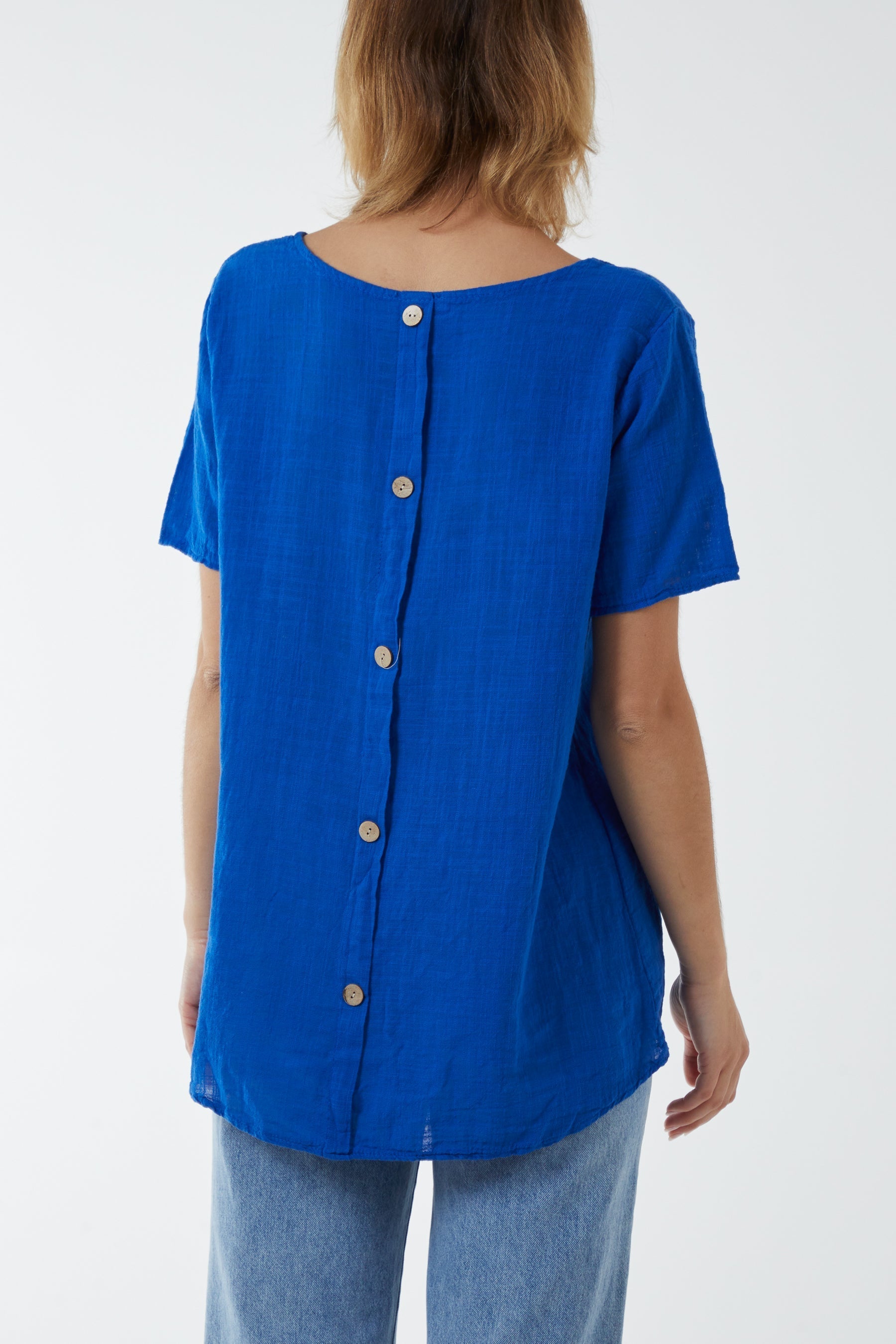 Royal Blue Round Neck Button Back Top For Women ONE SIZE - Dropwear